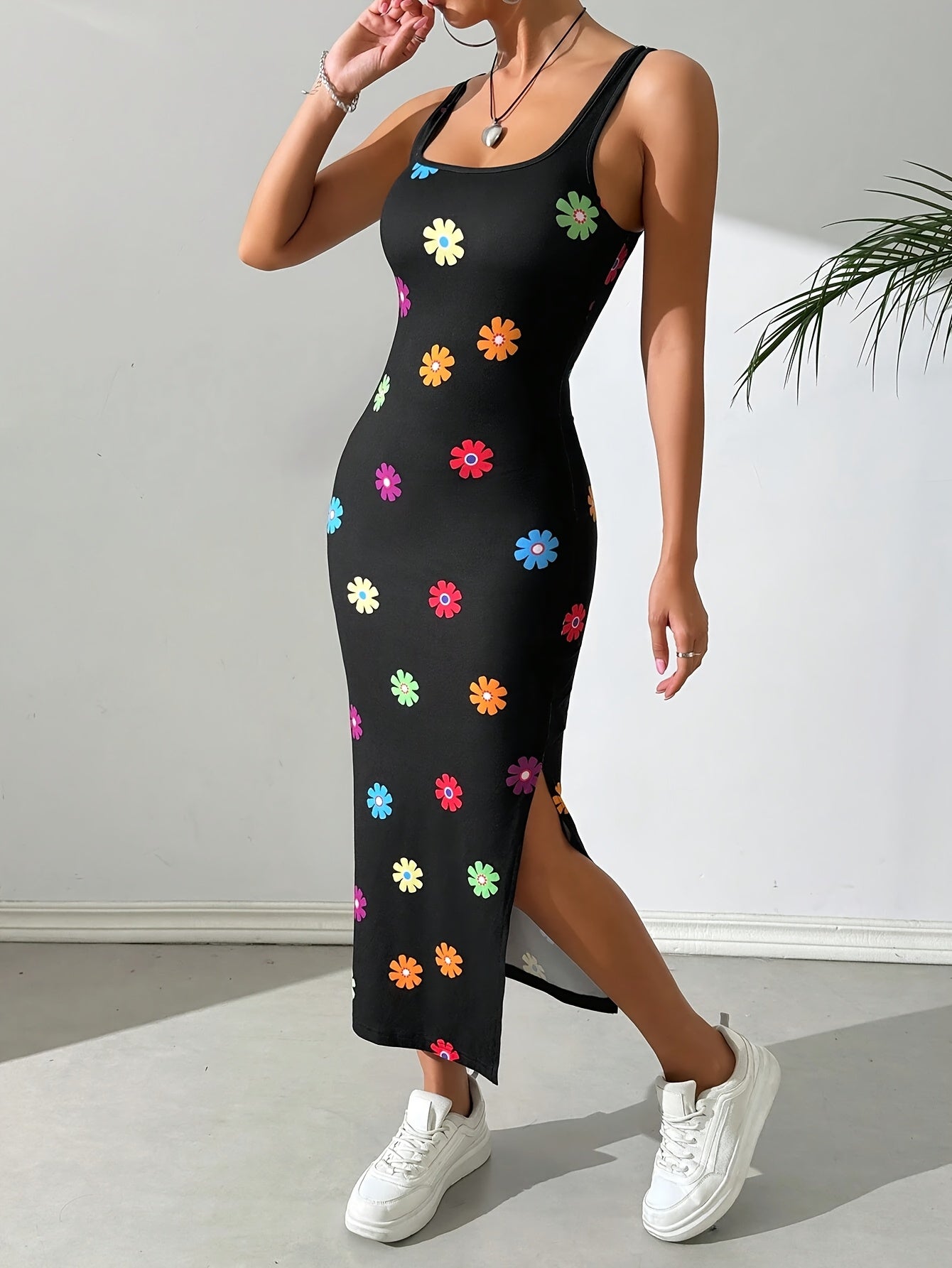 Colorful Floral Print Split Hem Midi Dress - Stylish Summer Wear for Women, Polyester and Spandex Blend, Machine Washable