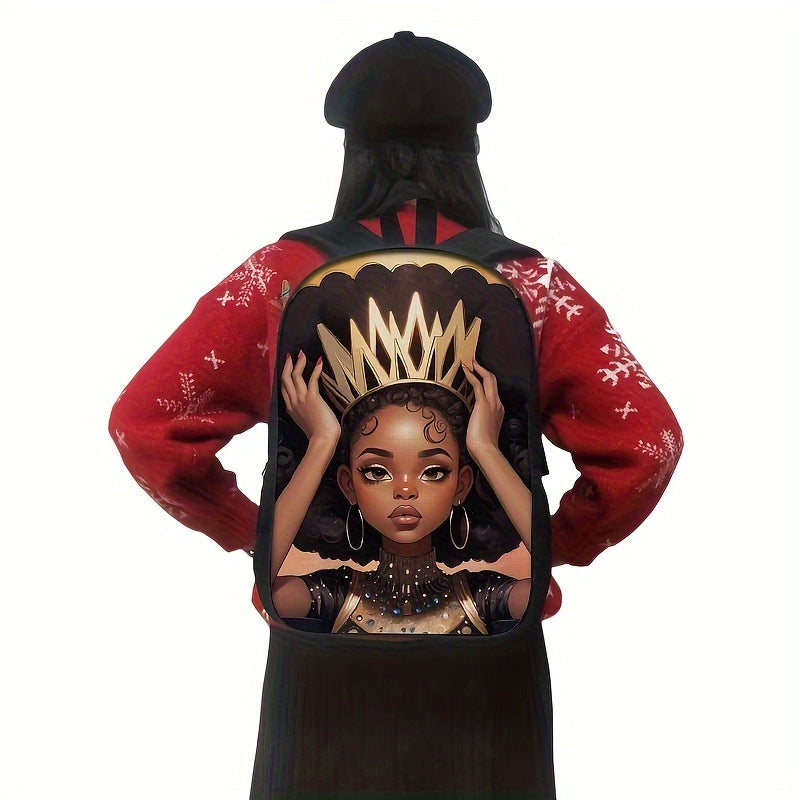 Black Queen Crown Print Backpack: Large Capacity, Lightweight, and Durable for Travel and School - Vegan Friendly