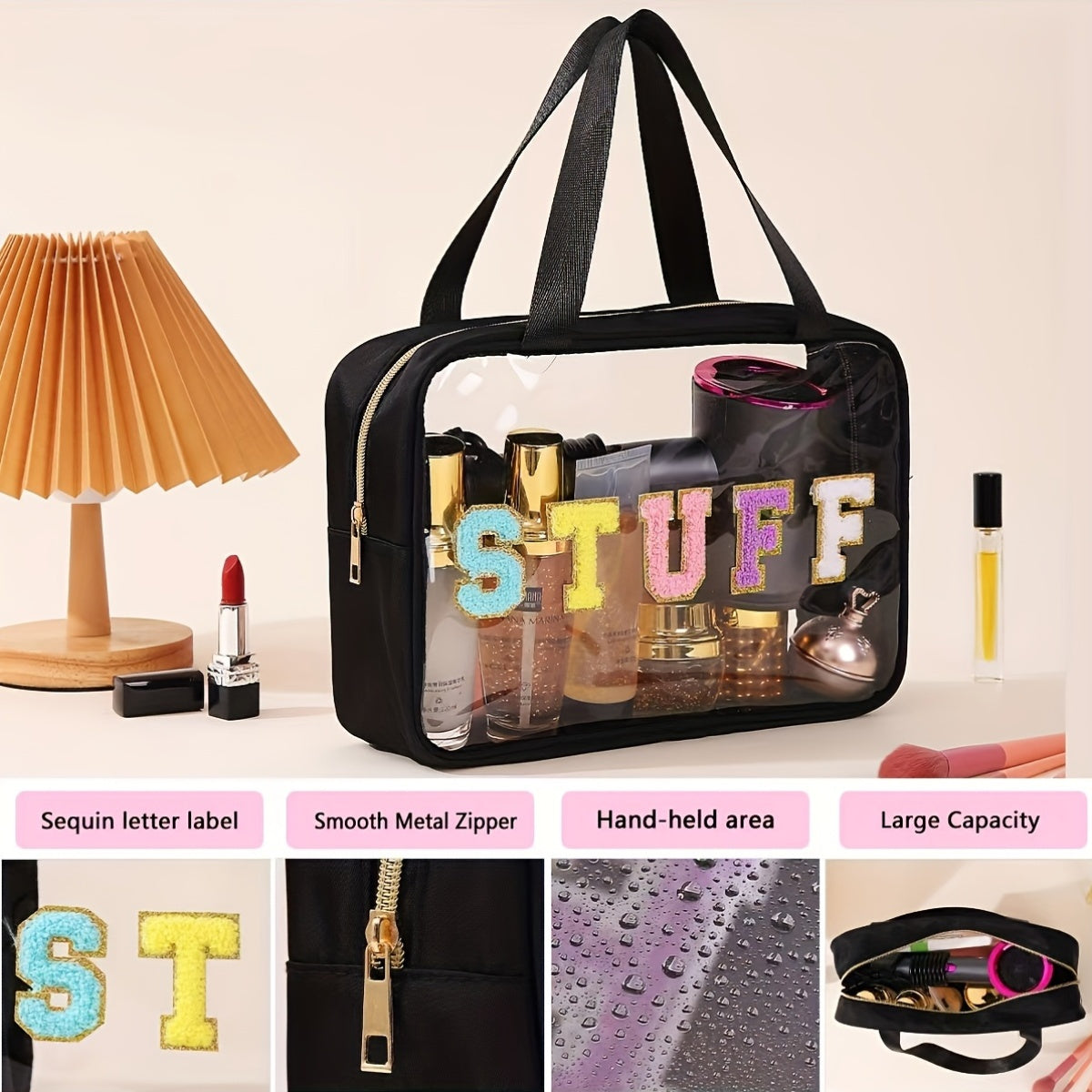 Large Capacity Toiletry Storage Bag, Stylish Transparent Makeup Pouch, Suitable for Travel Cosmetics Storage, Portable Handheld Toiletry Bag.