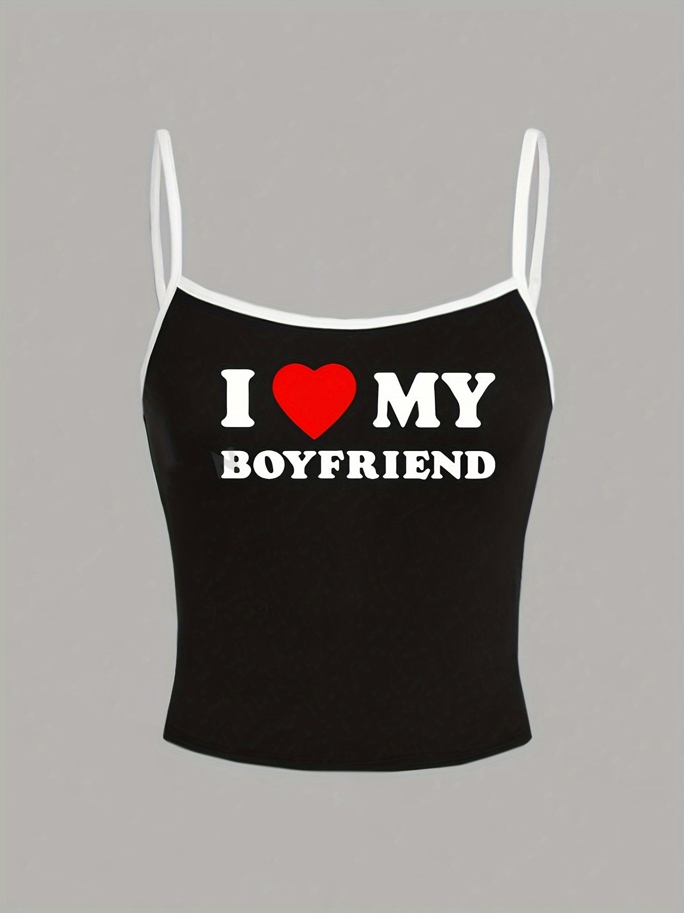 Y2K-Inspired "I Love My Boyfriend" Tank Top - White with Black Straps, Heart Graphic, Casual All-Season Top for Women, Casual Wear|Playful Graphic Top|Comfortable Strap Design, Y2K Tank Tops