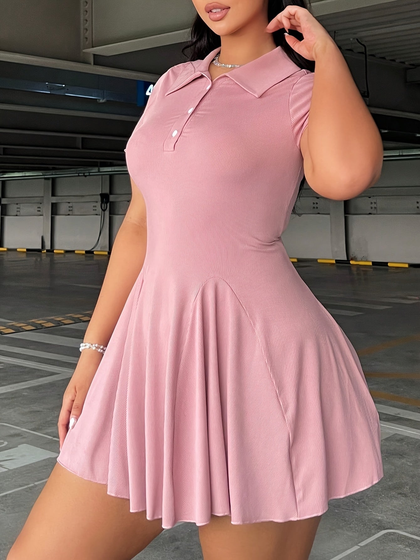 Women'S Casual Tennis Polo Dress - Short Sleeve, Button-Up Collar, Ribbed Texture, Knee-Length with Paddles, Beige, Casual Wear|Short Sleeve Dress|Buttonup Collar Dress