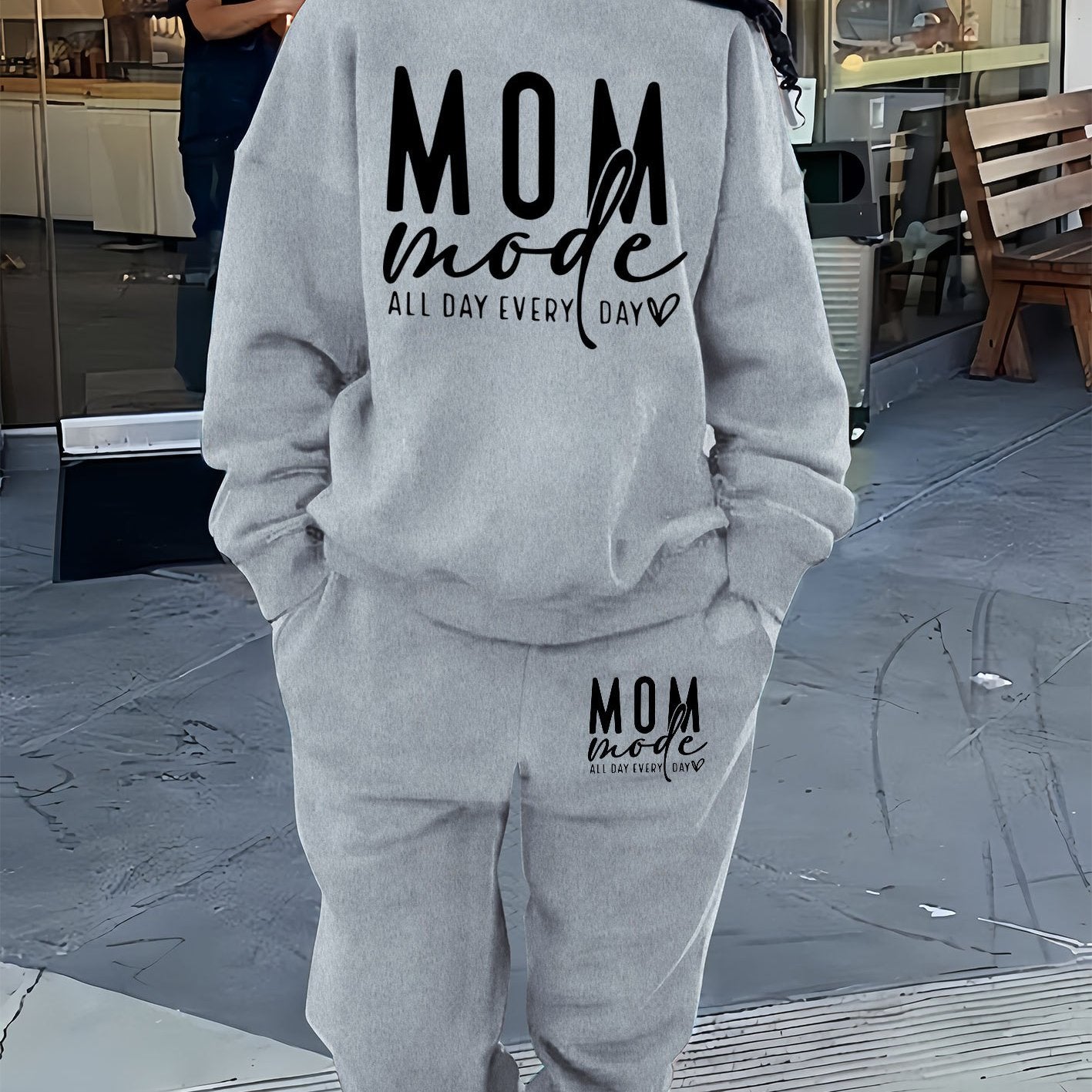 Letter Print Two Piece Set, Crew Neck Sweatshirt & Pants Outfits For Winter & Fall, Women's Clothing