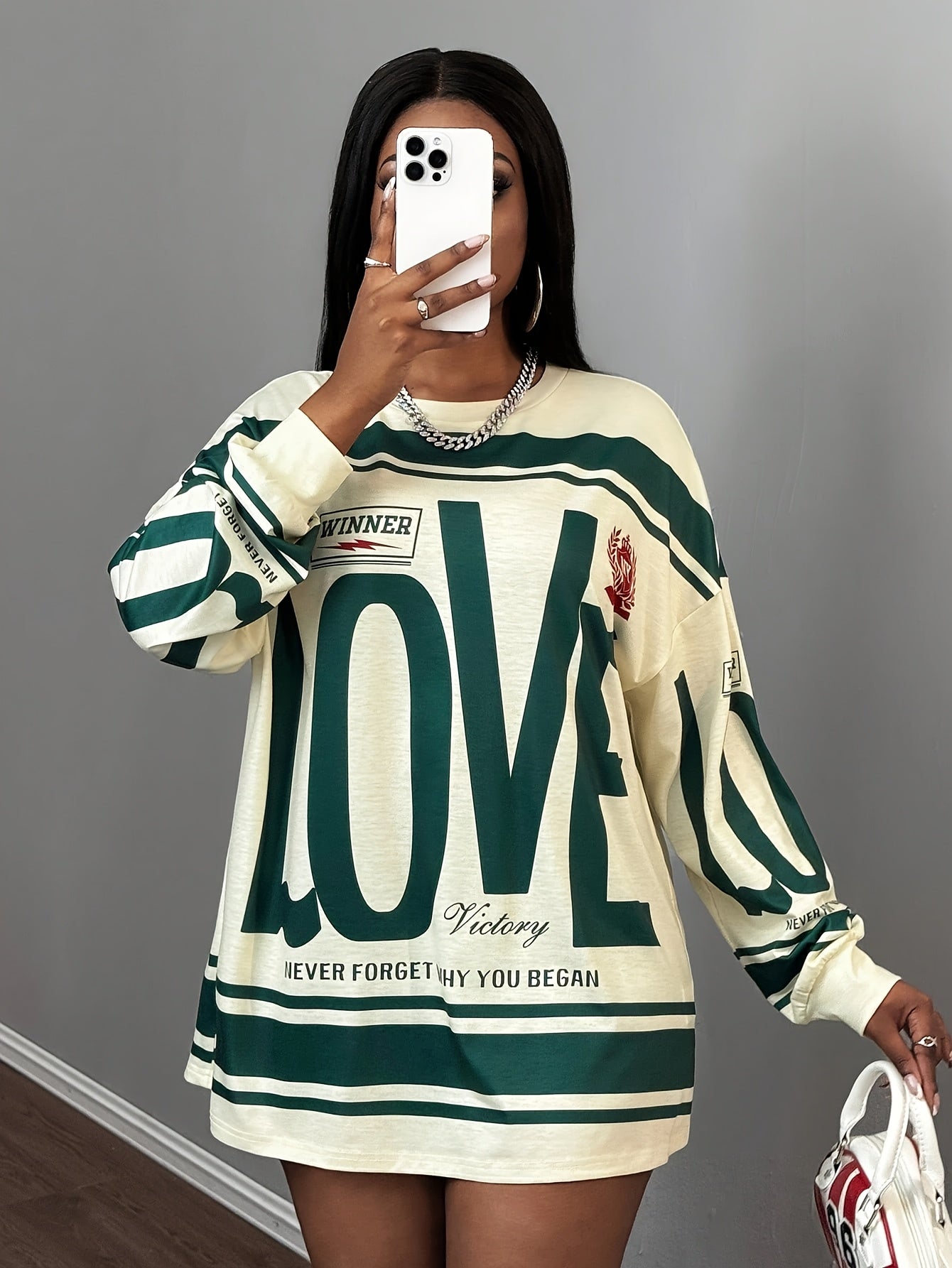 Women'S Casual "LOVE" Graphic Long Sleeve T-Shirt - Beige & Green, Drop Shoulder, Pullover, Medium Stretch, Fall & Spring Style, Fall Casual Wear | Graphic Tee | Comfortable Fit, Ladies T Shirts