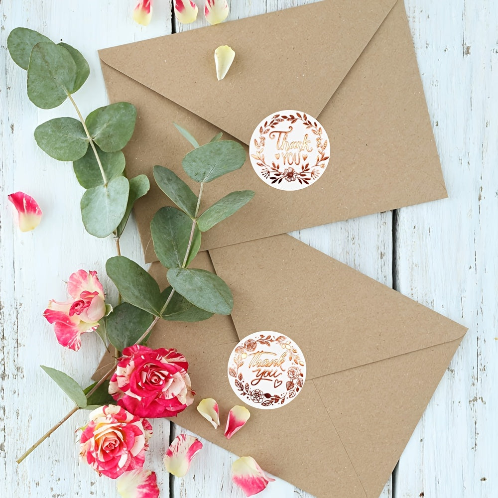 500pcs Round Rose Golden Thank You Stickers, Embroidered Glossy Finish, Self-Adhesive Paper Labels for Wood Surface, Single Use, Striped Pattern, Supernatural Theme, Party Wedding Holiday Gift Stationery