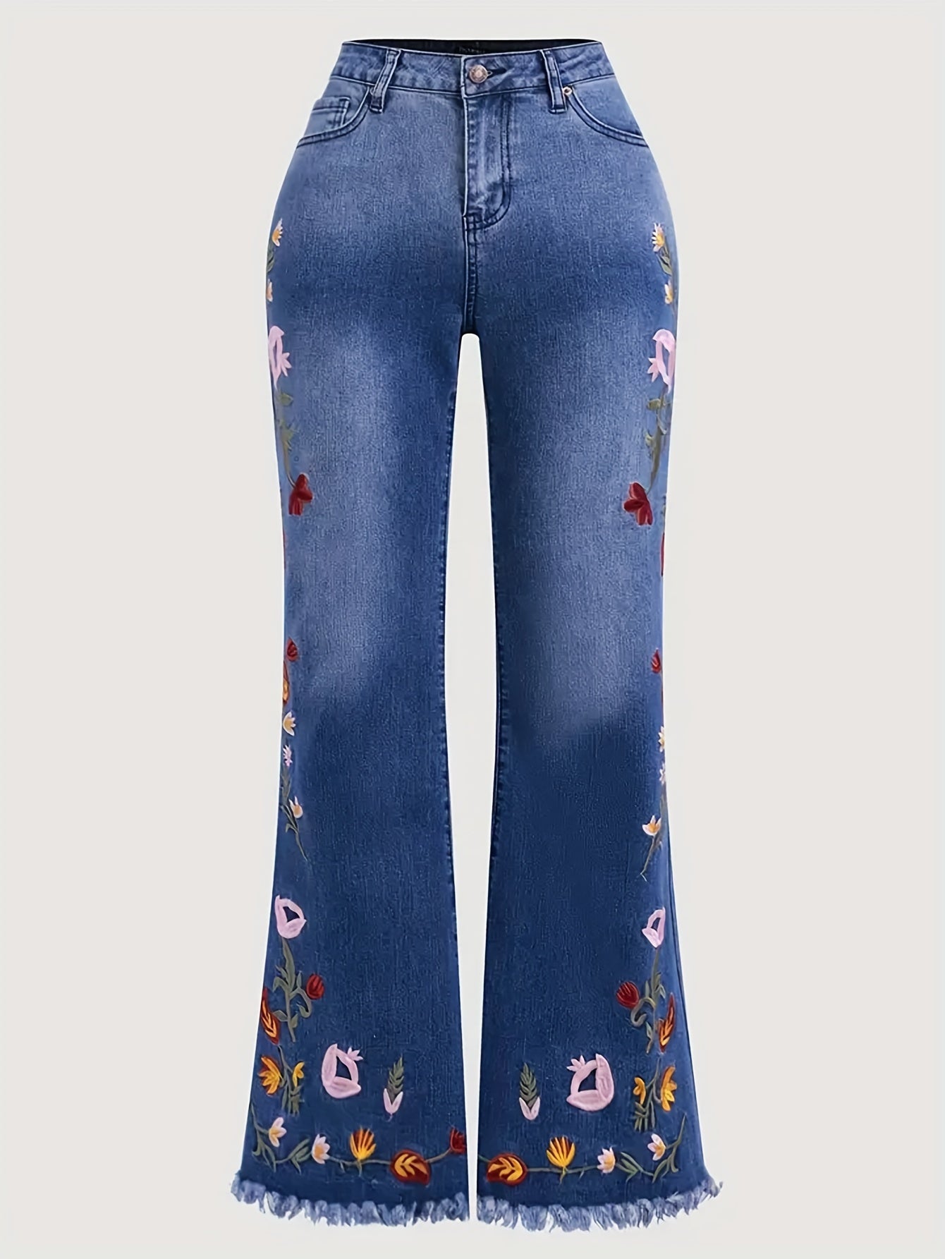 Vintage Floral Embroidered Denim Bell Bottom Jeans for Women - Medium Stretch Woven Fabric, All-Season Flare Pants