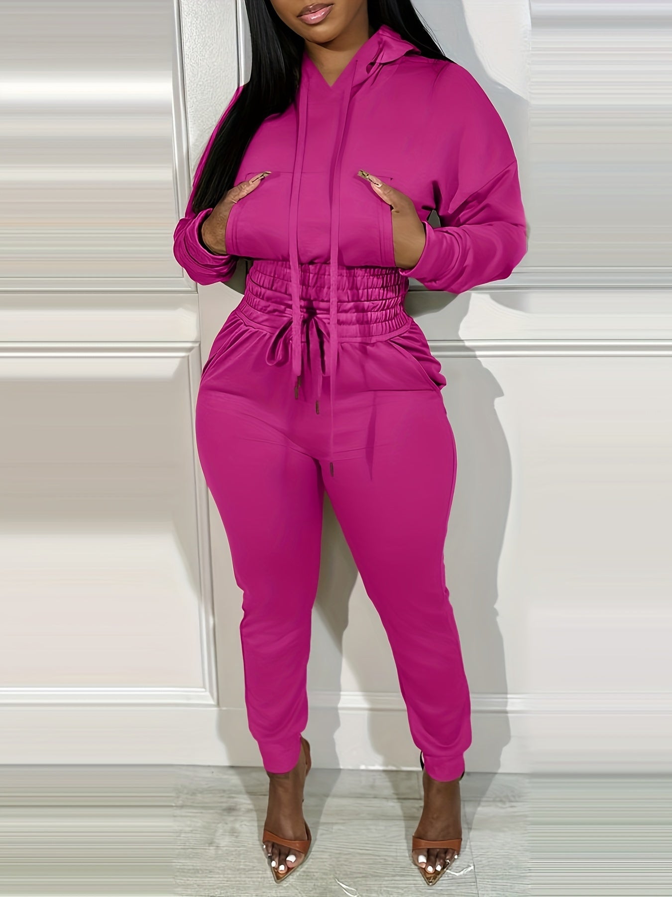 Two-piece Long Sleeve Kangaroo Pocket Drawstring Hoodie & High Waist Drawstring Jogger Pants, Casual Solid Color Women's Clothing Set