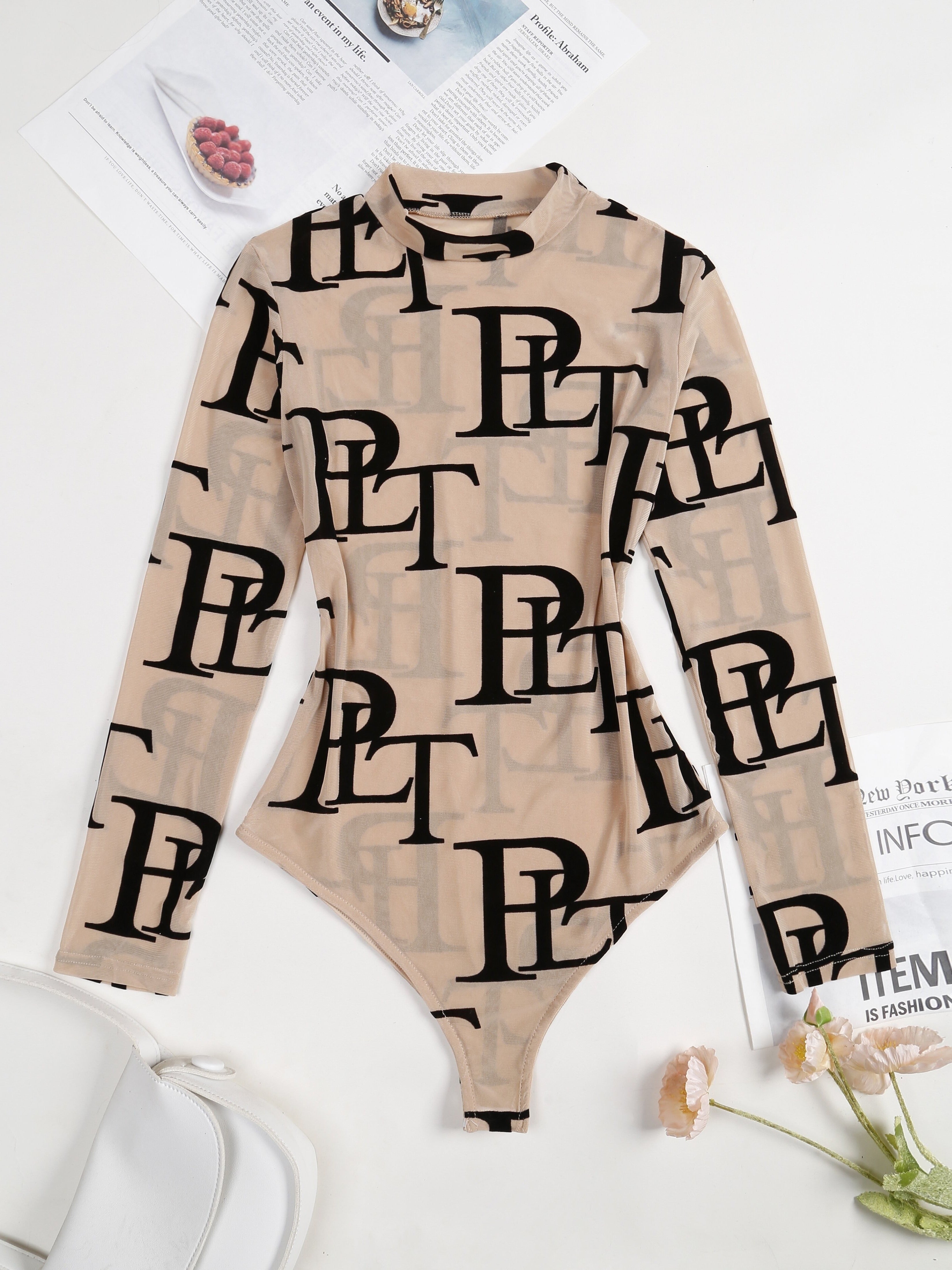 Letter Print Crew Neck Bodysuit, YOUNG Long Sleeve Mesh One Piece Bodysuit, Women's Clothing