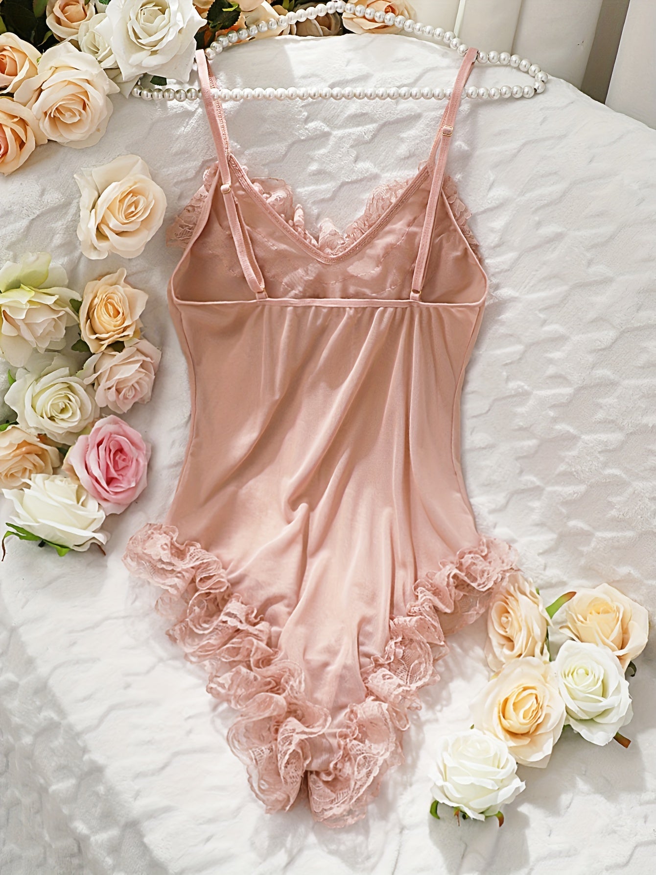Solid Contrast Lace Lingerie Set, V Neck Bodysuit & Robe, Women's Sexy Lingerie & Underwear