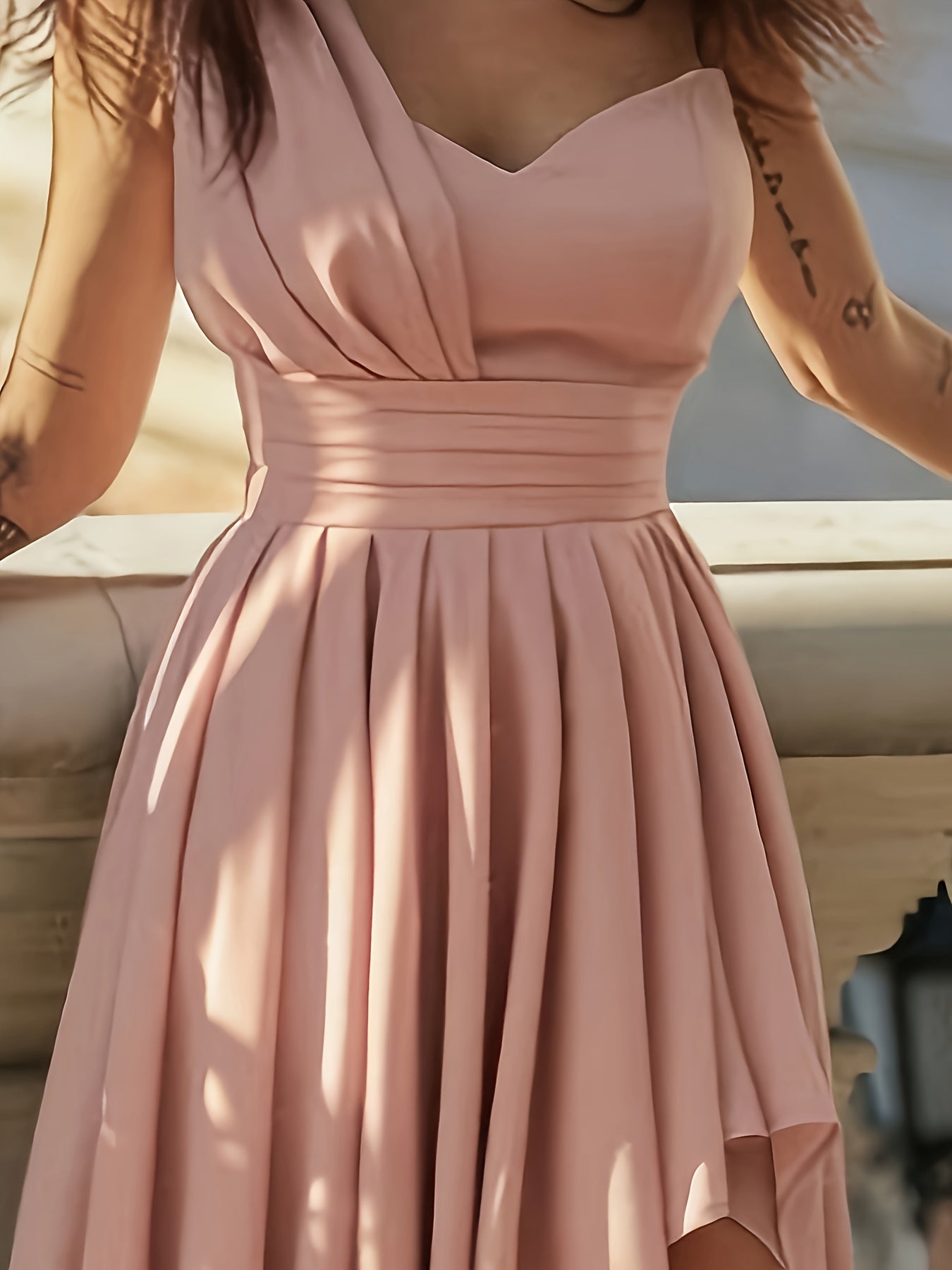Elegant One-Shoulder High-Waist Asymmetrical Fit and Flare Dress, Solid Color, Perfect for Adult Parties and Weddings, Formal Event Attire | Voluminous Silhouette | Asymmetrical Hem, Wedding Dress