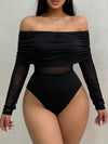 Elegant Off-Shoulder Long Sleeve Knit Bodysuit with Mesh Detail - High Stretch, Solid Black, Ruched Design, Perfect for Fall/Winter Women’s Fashion, Fall Fashion Top | Offshoulder Bodysuit | Nontransparent Fabric