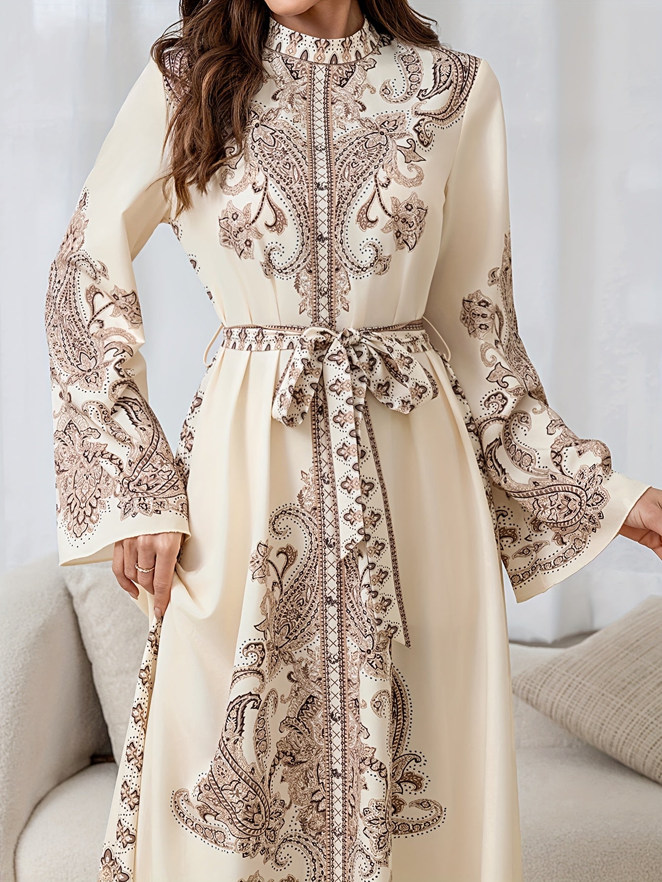 Elegant Floral Print Long Dress with Tie-Waist & Lantern Sleeves - Creamy Beige, Crew Neck, Flowing Maxi Length, Perfect for Spring/Summer/Fall, Women’s Fashion, Cute Dresses