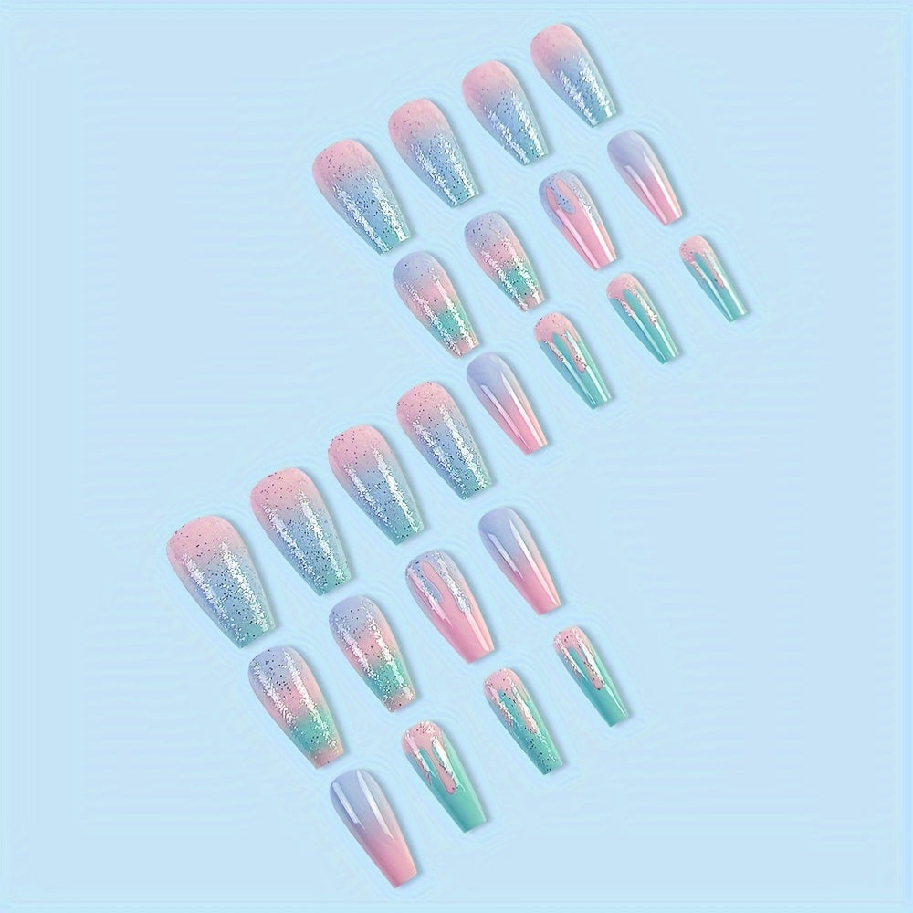 24 Pcs Medium Long Coffin Press On Nails, Pinkish Glitter Fake Nails, Glossy Artificial False Nails