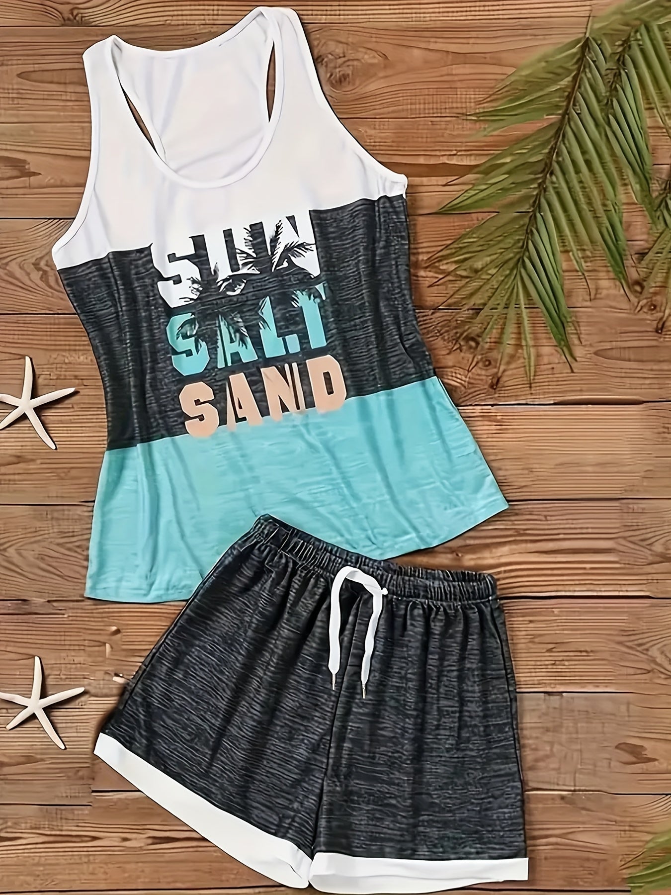 2pcs Women'S Summer Slimming Pajama Set with Letter and Palm Tree Print, Contrast Color Vest, Elastic Waist Drawstring Shorts with Pockets, Suitable for Home and Beach Vacation