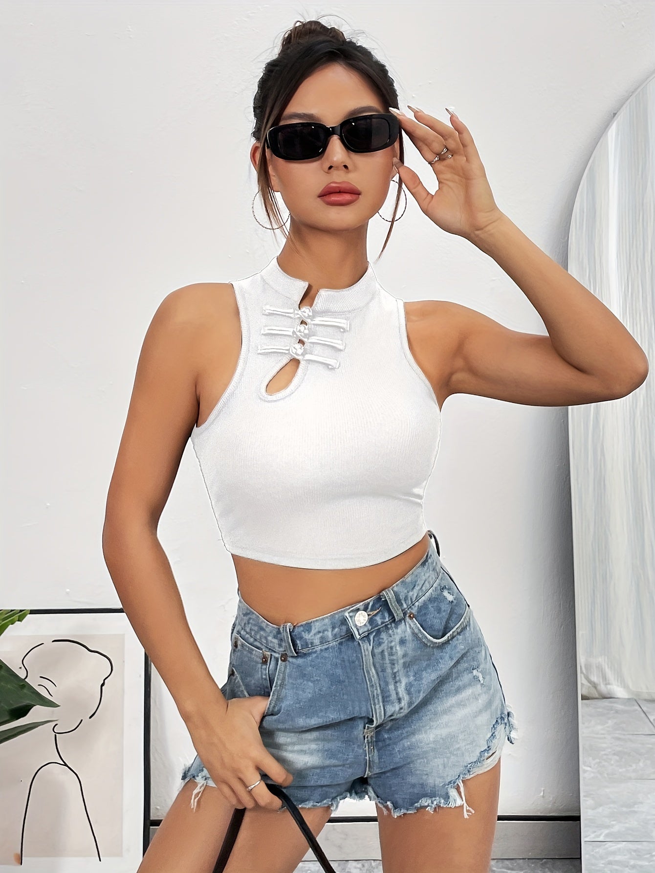 Women'S Y2K Style Solid Color Polyester Crop Top, Sleeveless Stand Collar Hollow Detail, Knit Fabric, Stretch Fit, All-Season Vest - 95% Polyester, 5% Elastane