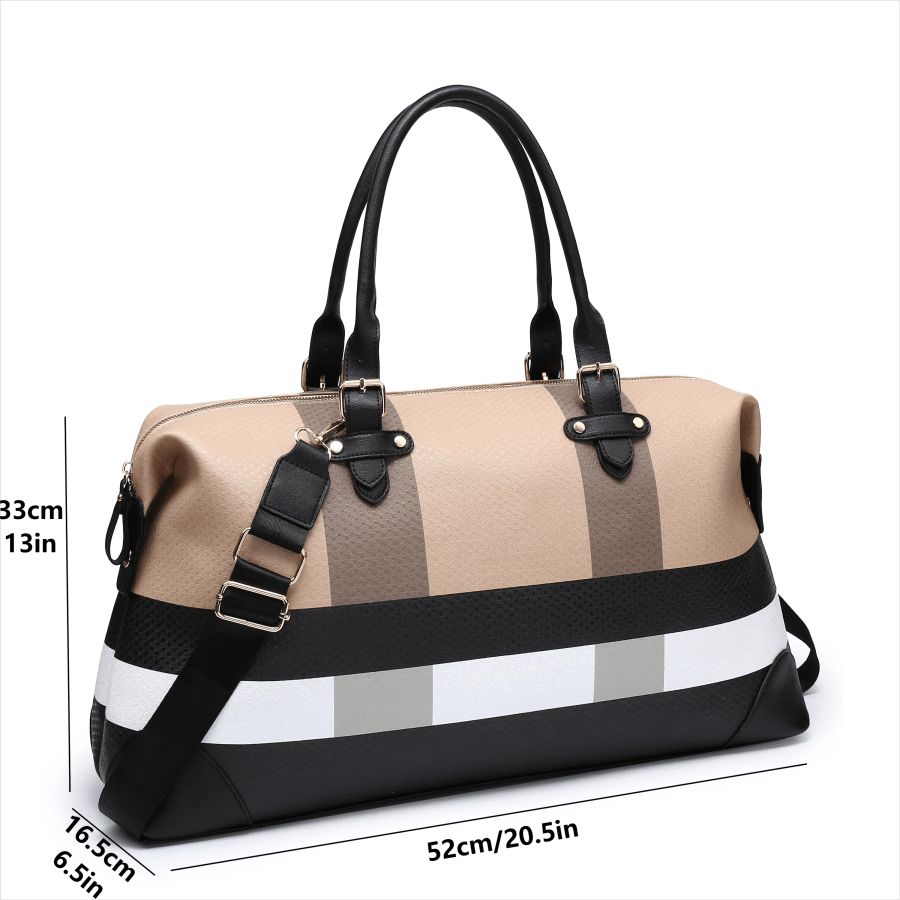 PU leather large overnight travel bag striped pattern handbag carry-on luggage bag suitable for vacation, overnight, camping, hiking, sports and fitness