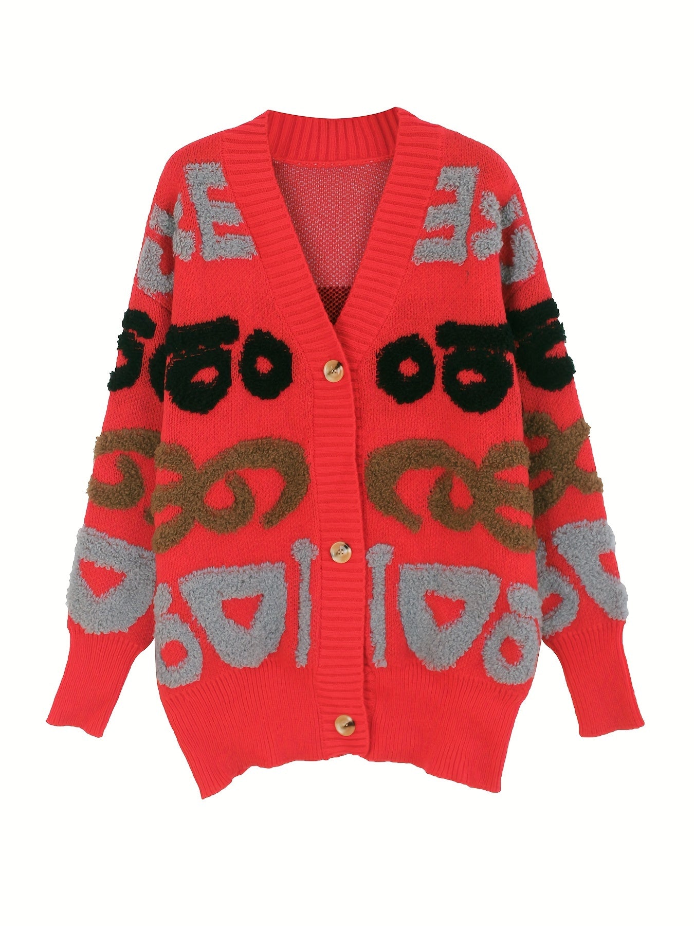 Letter Pattern Button Down Knit Cardigan, Casual Long Sleeve Loose Sweater Outwear, Women's Clothing