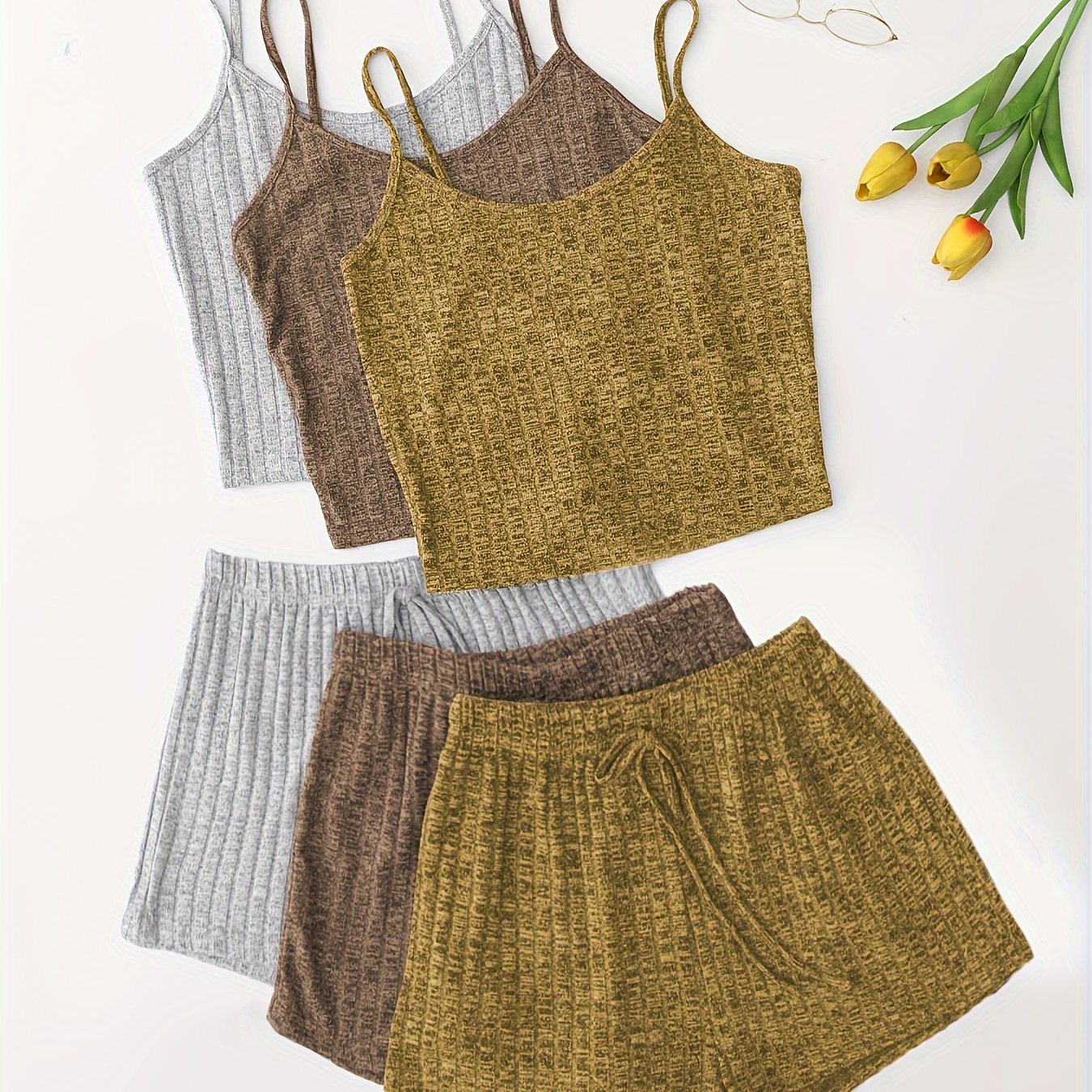3 Sets Solid Pajama Set, Round Neck Cami Top & Lace-up Shorts, Women's Sleepwear & Loungewear