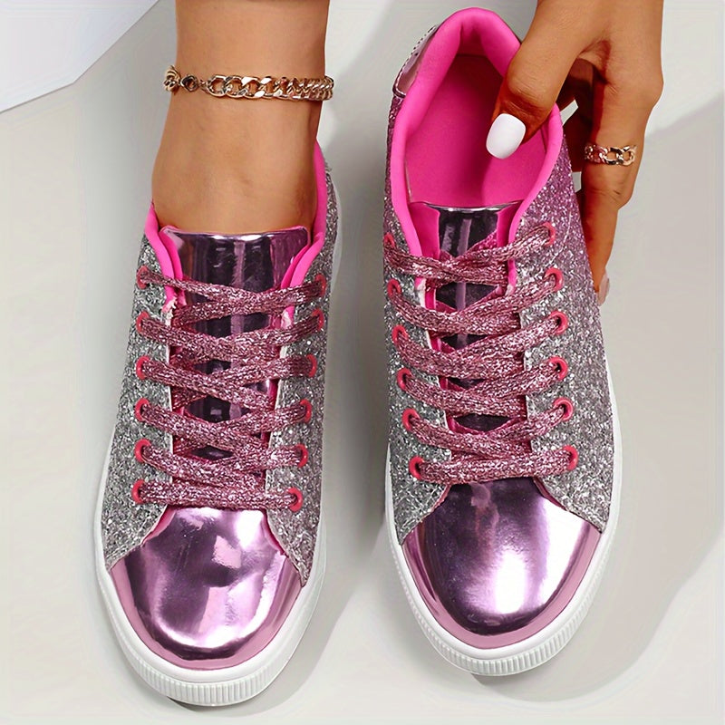Women's Glitter Sneakers - Casual Athletic Flat Shoes, Fashionable Low Top Lace-up Fashion Skate Shoes - Plus Size - For Women - Suitable for Casual Wear, Sports & Parties - Perfect Gift for Fashionable Women