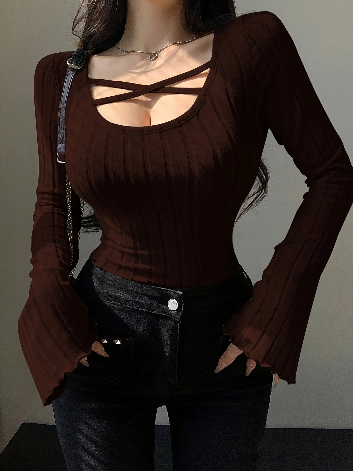 Crisscross Scoop Neck Skinny Top, Casual Solid Color Long Sleeve Ribbed Top For Spring & Fall, Women's Clothing