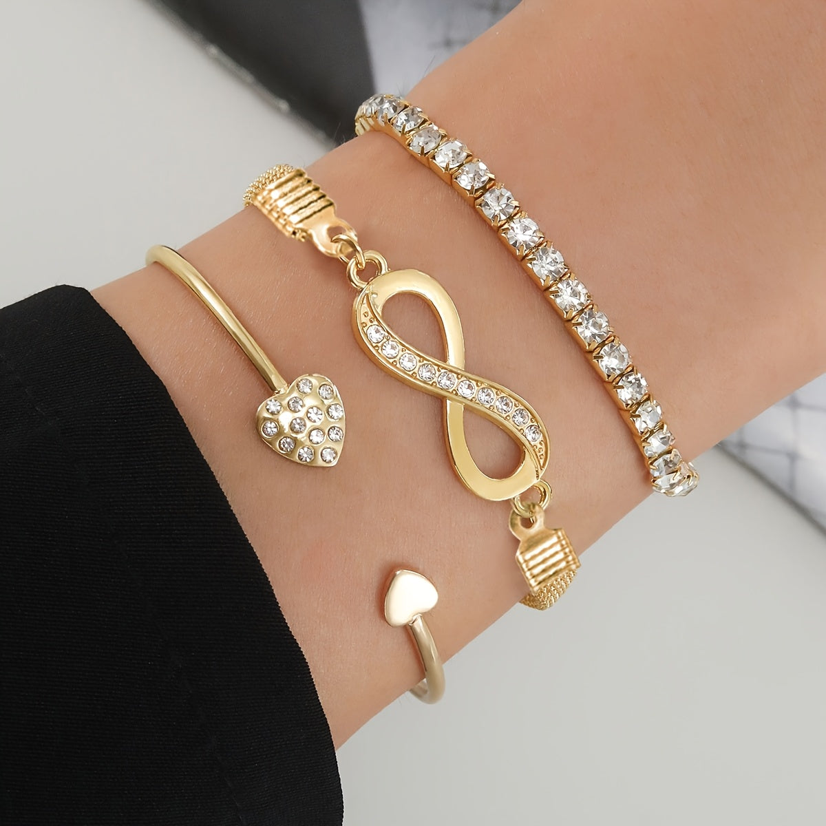 3pcs Vintage Elegant Rhinestone Bracelet Set, Adjustable Heart & Infinity Symbol Bangle, Women'S Alloy Open Cuff, Daily & Gift Occasion, All-Season Jewelry Collection