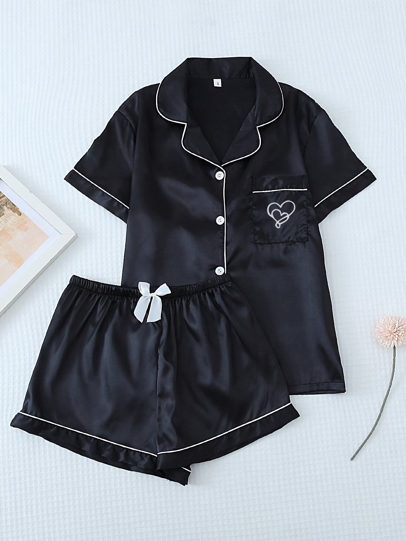 6pcs Colorful Satin Women'S Pajama Set, Short Sleeve Embroidered Lapel Top and Bowknot Shorts, Women'S Pajamas and Home Clothes