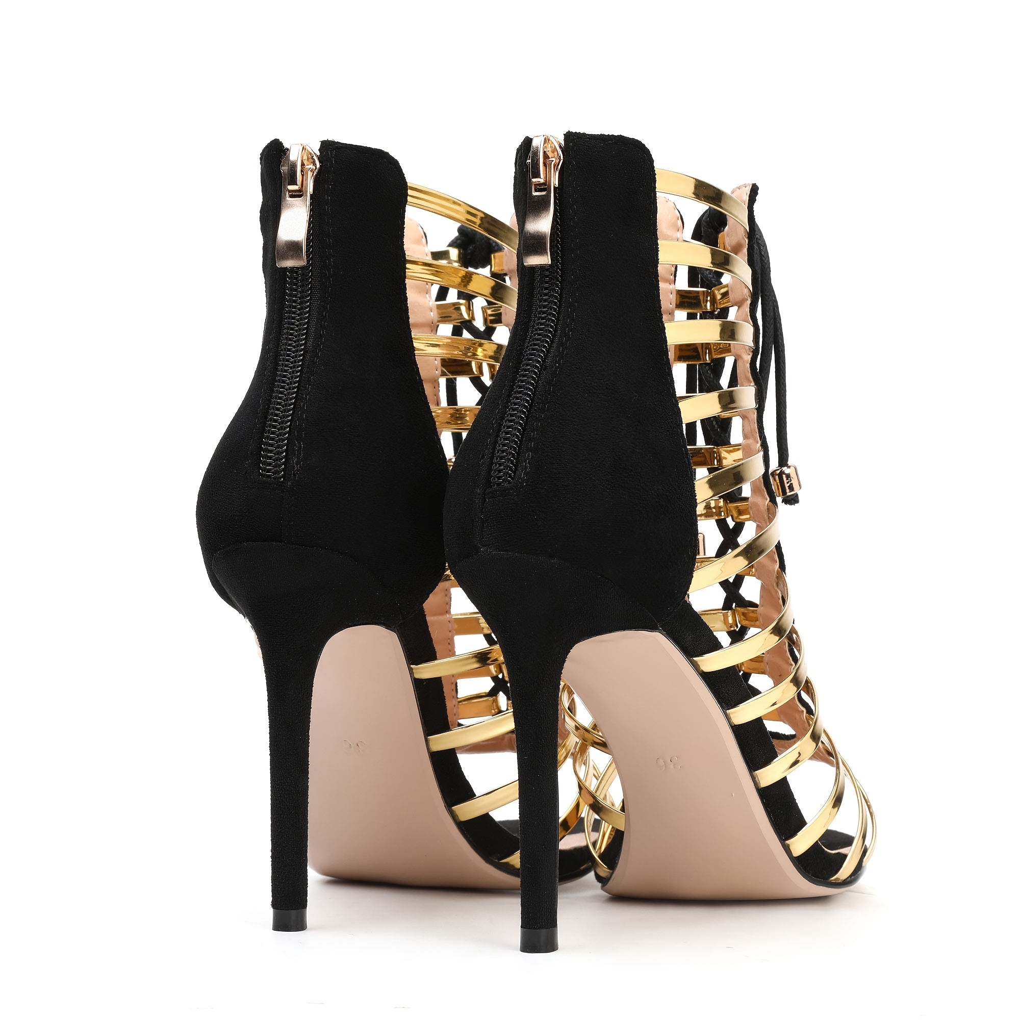 Womens Cutout Gladiator Lace Up High Heel - Open Toe Caged Stiletto Sandals Stripe Ankle Straps Strappy Dress Heeled Sandals Black Golden