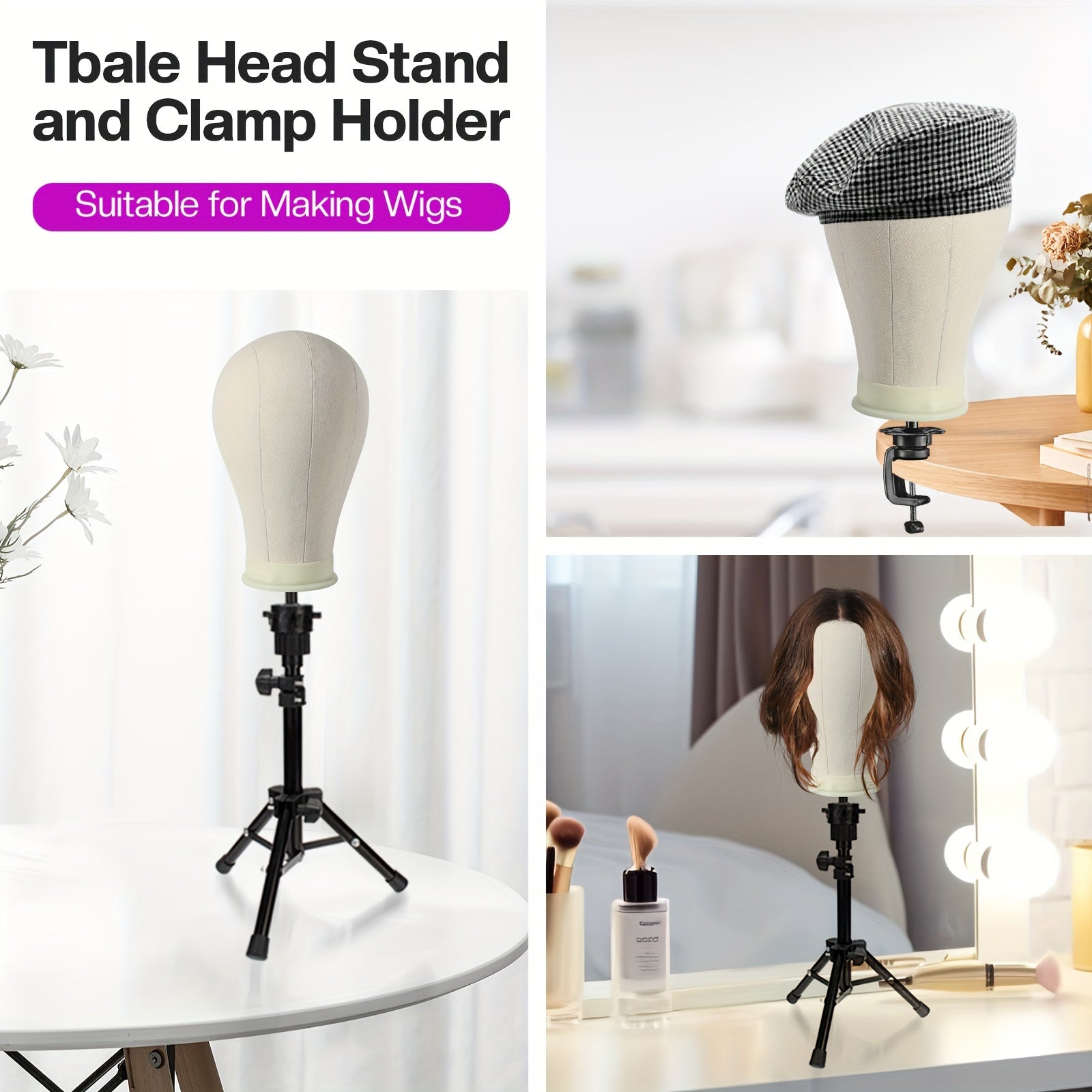 22Inch Canvas Wig Head With Stand, Wig Mannequin Head With Stand, Table Wig Stand Tripod With Head For Wigs Making Display
