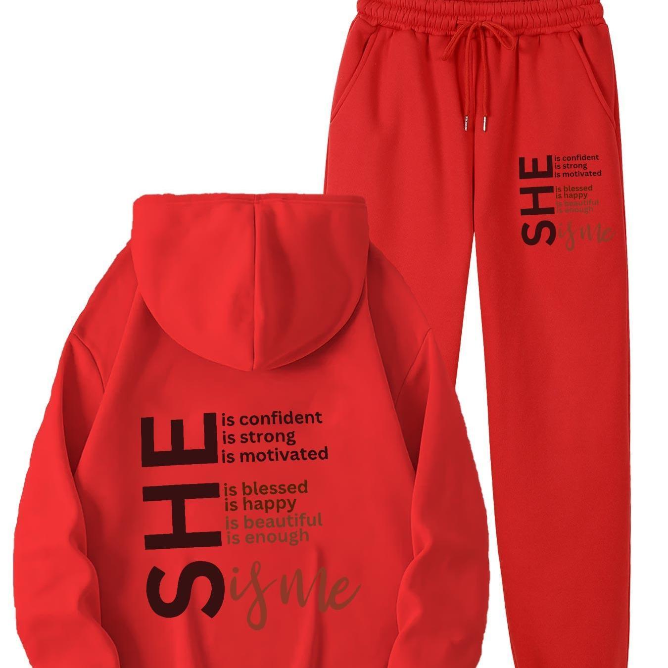 Cozy Fleece-Lined Women's Hoodie & Sweatpants Set with Letter Print - Machine Washable, Pocket Detail, Polyester
