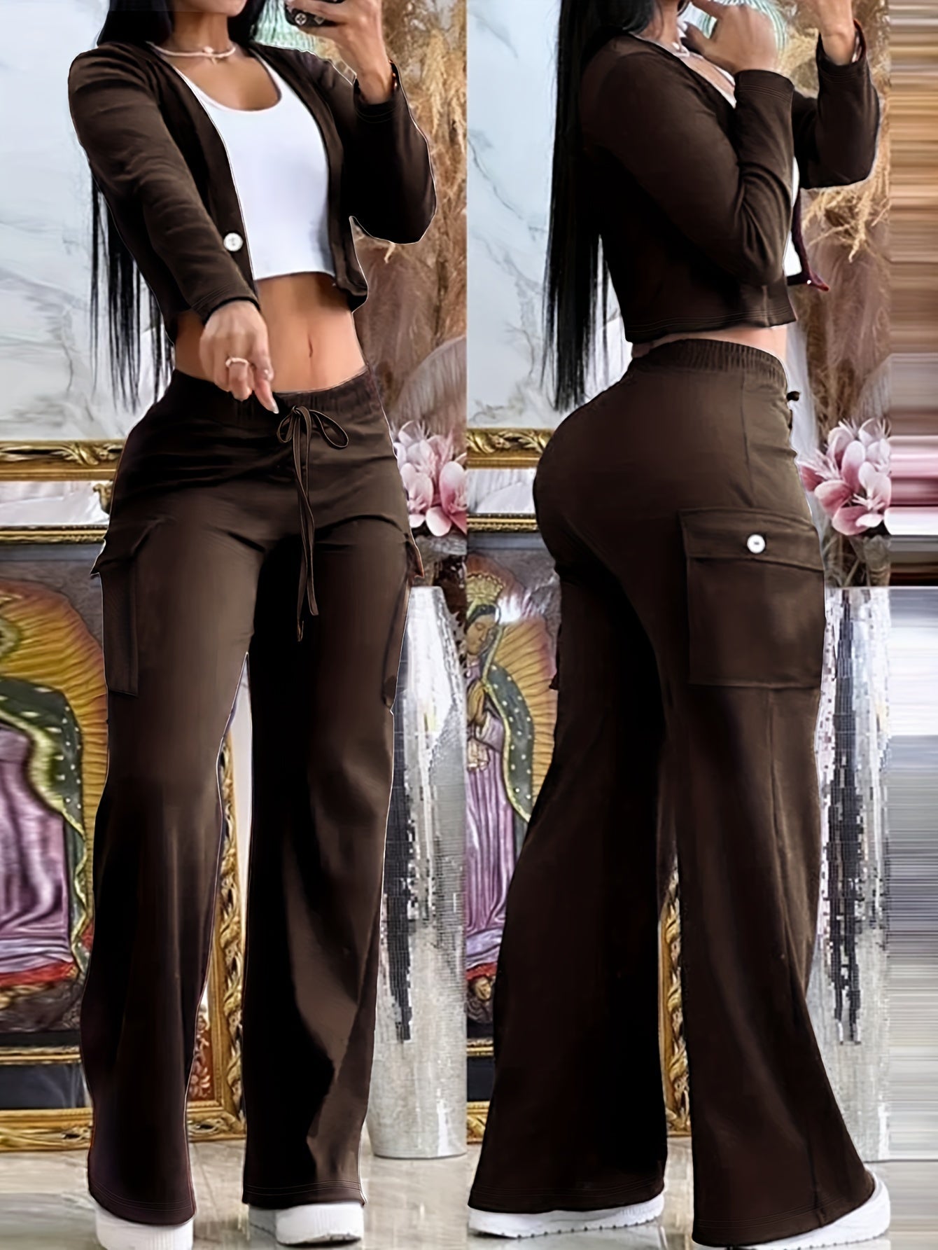 Women'S Stylish Green Two-Tone Knit Cardigan & Pants Set - Polyester Blend, V-Neck, Button-Up, Fall & Winter Casual Wear, Casual Wear|Trendy Casualwear|Polyester Blend