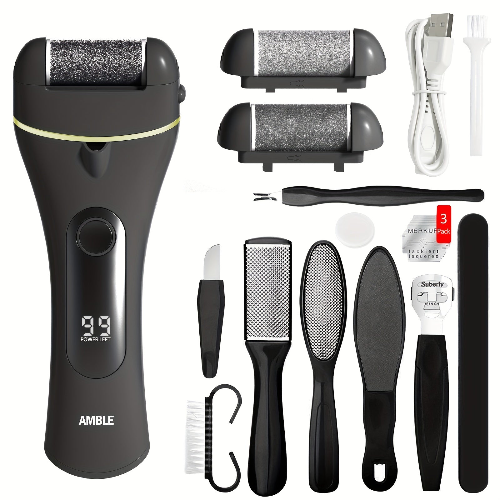 Electric Foot Scrubber Callus Remover for Feet, Rechargeable Foot File Pedicure Tools, Professional Pedi Foot Care Kit for Hard/Dead/Dry Skin/Cracked Heels with Manual Foot File Set 12pcs