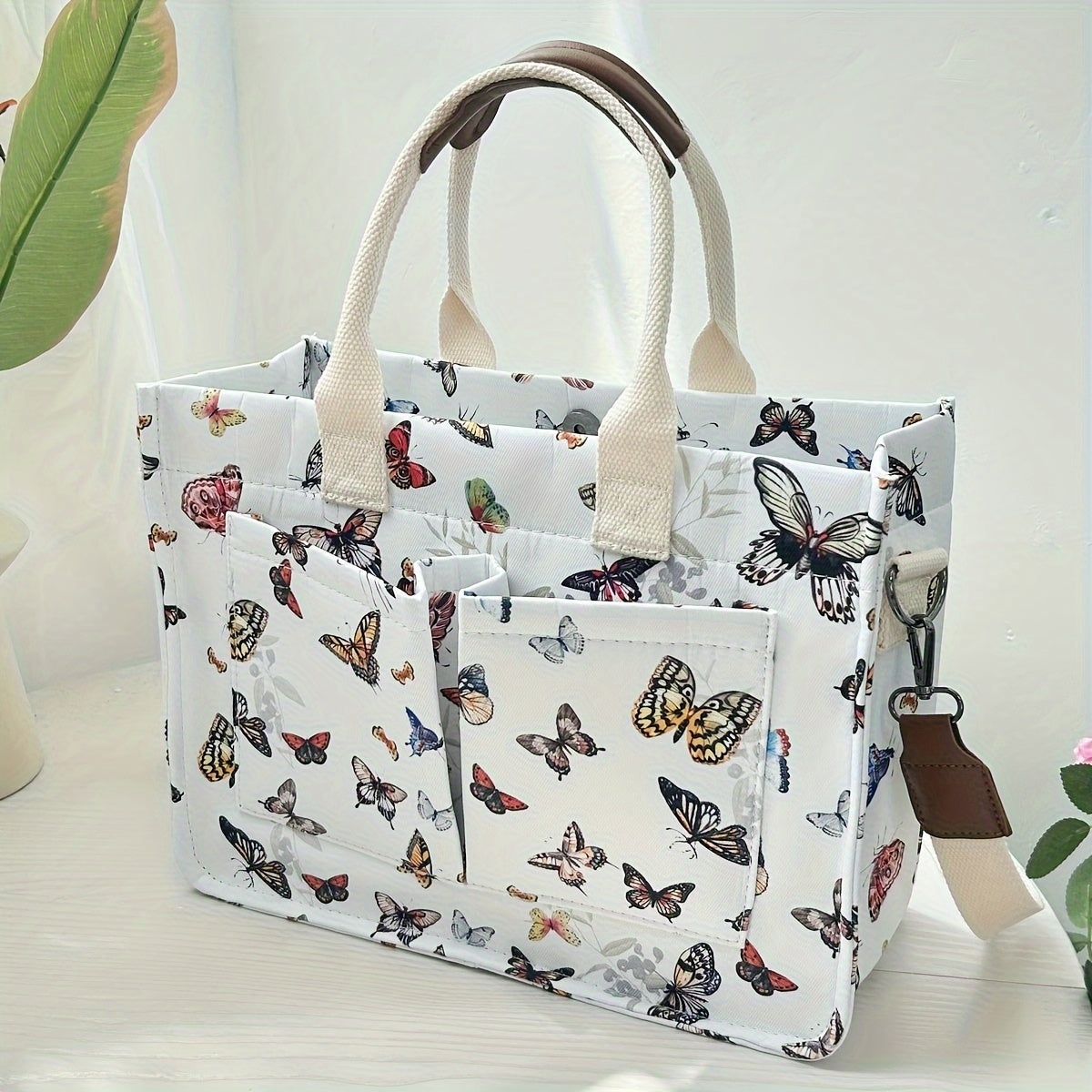 Butterfly Tote Bag For Women Canvas Patched Purse Cute Shoulder Bag Multi-Pocket Satchel Handbag For Work Books Travel, Bag Only