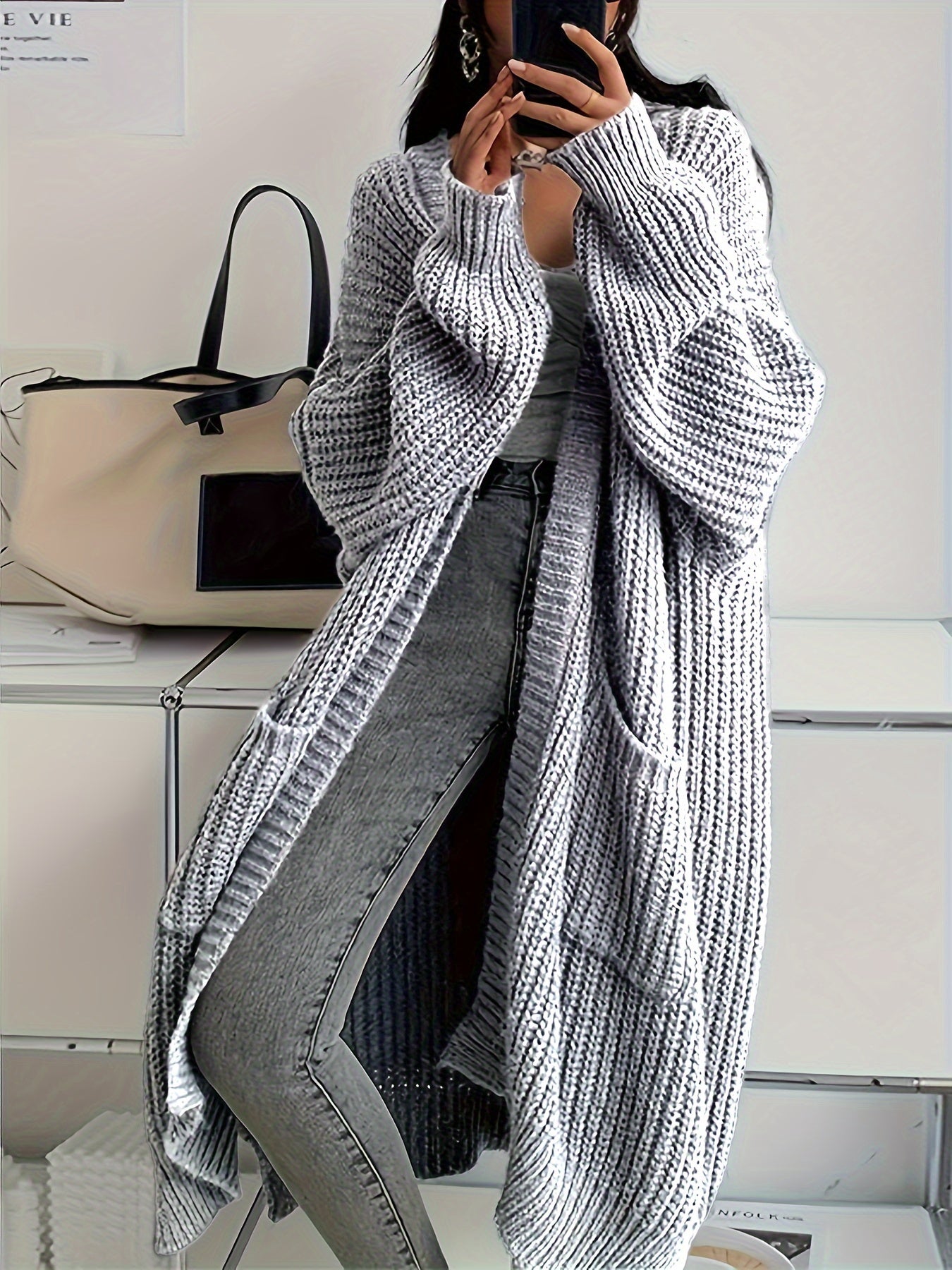 Cardigan sweater - Patched Pockets Open Front Cardigan - Solid, Long Sleeve, Knitted - Fall & Winter - Women - Cozy & Stylish - Cozy Comfort, Effortless Style