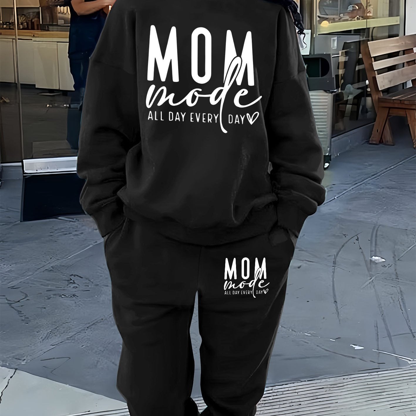 Letter Print Two Piece Set, Crew Neck Sweatshirt & Pants Outfits For Winter & Fall, Women's Clothing
