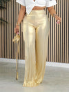 Women's Elegant Metallic Wide-Leg Pants - High-Waisted Stretchy Golden Trousers with Side Pockets, All-Season Versatile Office & Casual Wear, Formal Attire | Sophisticated Style | Smooth Texture