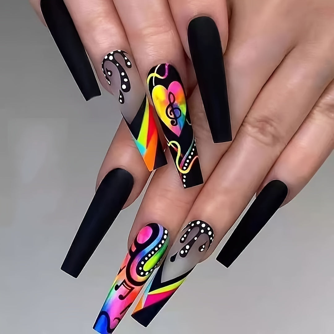 120pcs Acrylic Press On Nails Long Coffin Fake Nails with Nails Glue Long Ballet False Nails with Water Ripple Rainbow Designs Colorful Full Cover Artificial Nails Press Ons Stick On Nails 24pcs