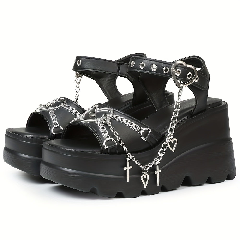 Gothic Platform Sandals with Cross & Chain Detail – Open Toe Buckle Strap Heels, Ankle Strap Design, Chunky Rubber Sole, Spring Fashion Footwear