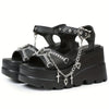 Gothic Platform Sandals with Cross & Chain Detail – Open Toe Buckle Strap Heels, Ankle Strap Design, Chunky Rubber Sole, Spring Fashion Footwear