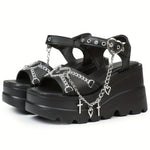 Gothic Platform Sandals with Cross & Chain Detail – Open Toe Buckle Strap Heels, Ankle Strap Design, Chunky Rubber Sole, Spring Fashion Footwear