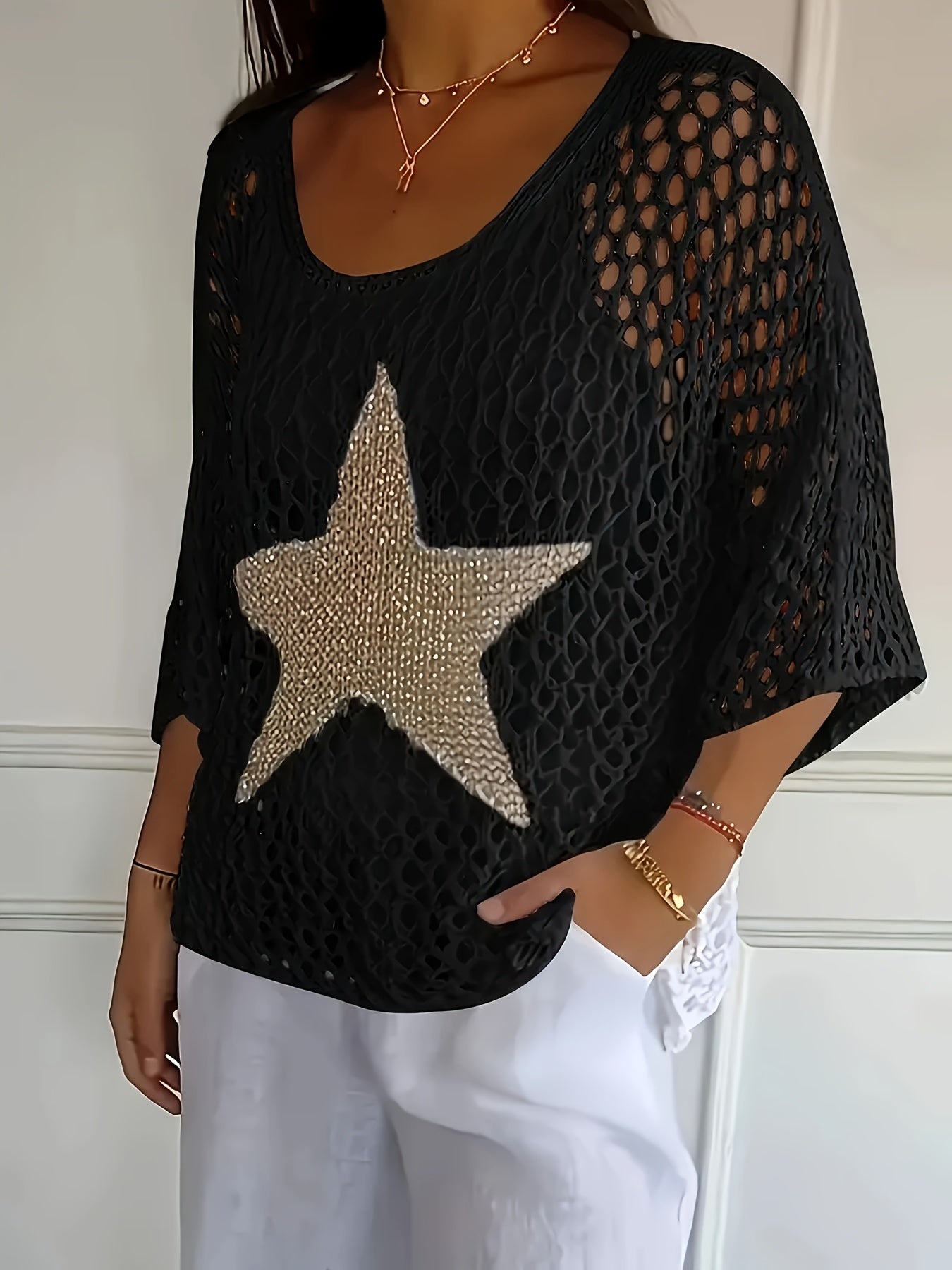 Women's Loose Hollow Star Cardigan Round Neck Shirt Summer Swim Cover-Up