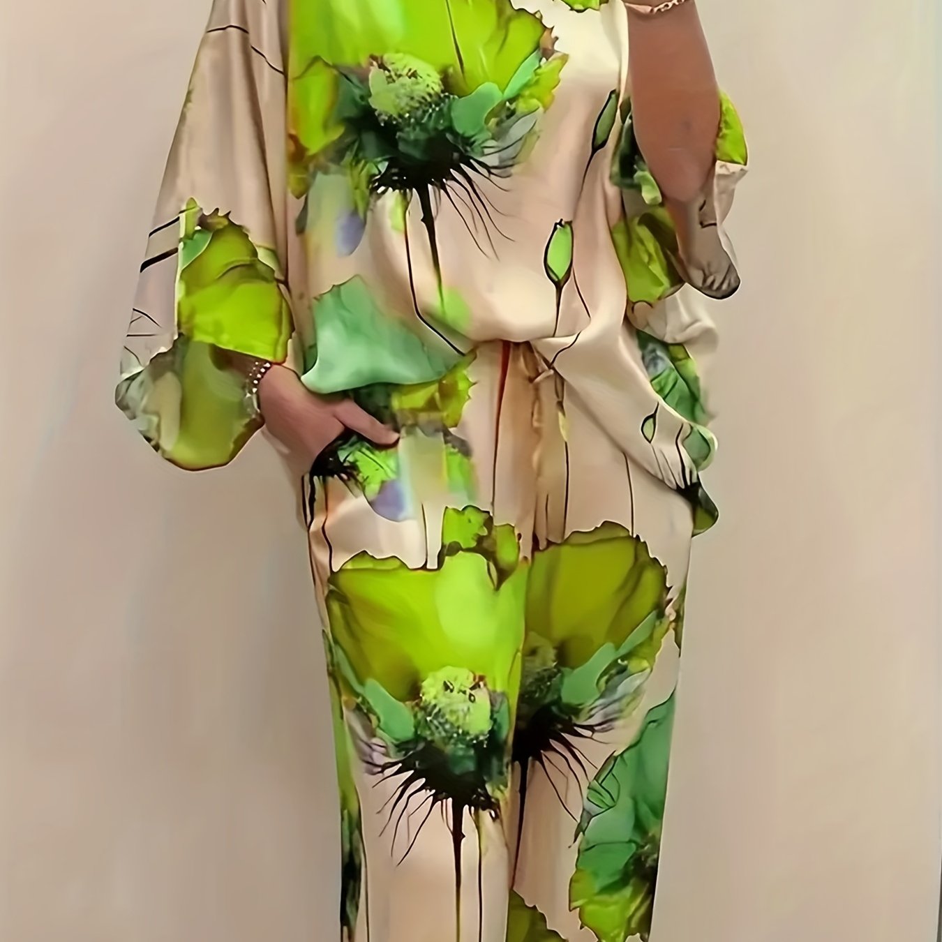Women's Elegant Floral Print Satin Two-Piece Set: Round Neck Top and Wide Leg Pants