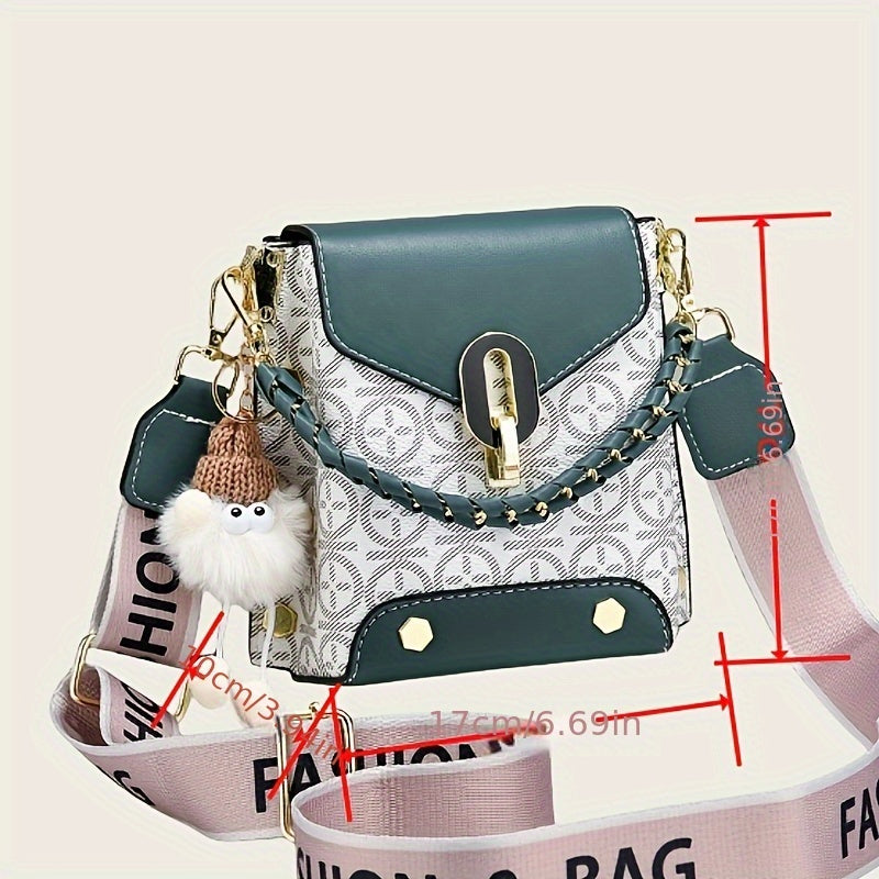 1pc Vintage Geometric Pattern PU Shoulder Bag for Women - Lightweight Crossbody Purse with Adjustable Wide Strap, Buckle Closure, Polyester Lining & Keychain Included in Deep Brown, Pink, Green, Black, Small Crossbody Bag