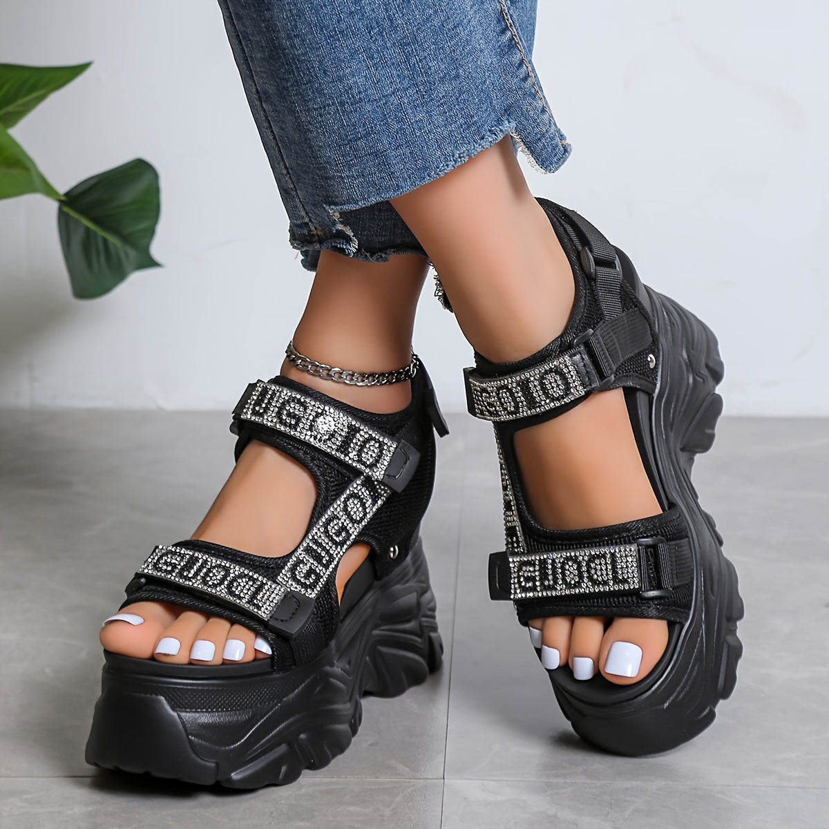 Elegant Summer 2024 Women's Black Rhinestone-Embellished High Heel Sandals - Breathable Mesh, Lightweight, Waterproof Platform with Hook-and-loop Fastener Straps, Open Toe Design for Stylish Daily Wear, Chunky Heel Sandals