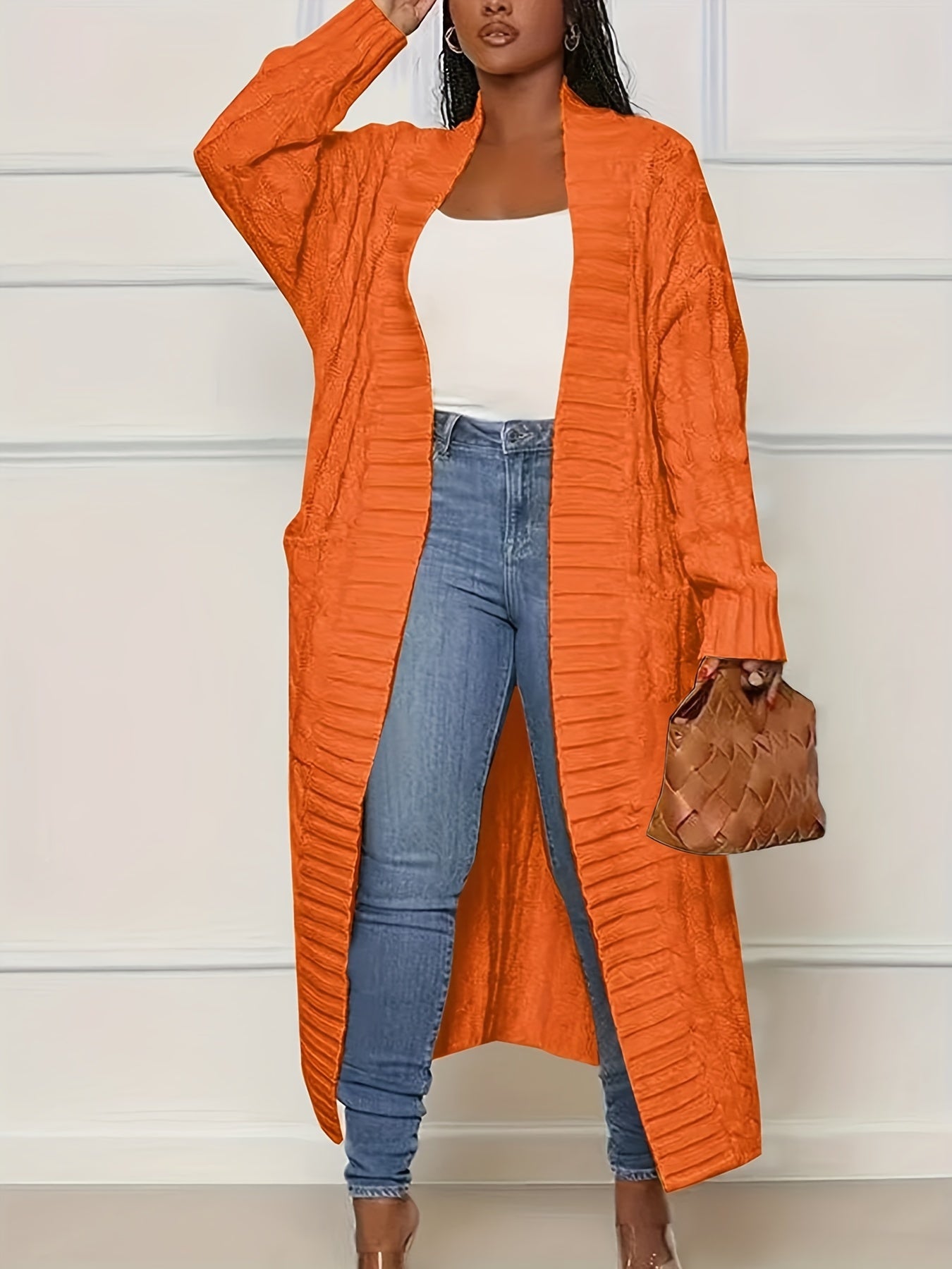 [Polyester Knit Cardigan] 100% Polyester Women's Casual Knit Cardigan - Solid Color Long Sleeve Open Front Sweater with Pockets - Versatile Knitwear for All Seasons