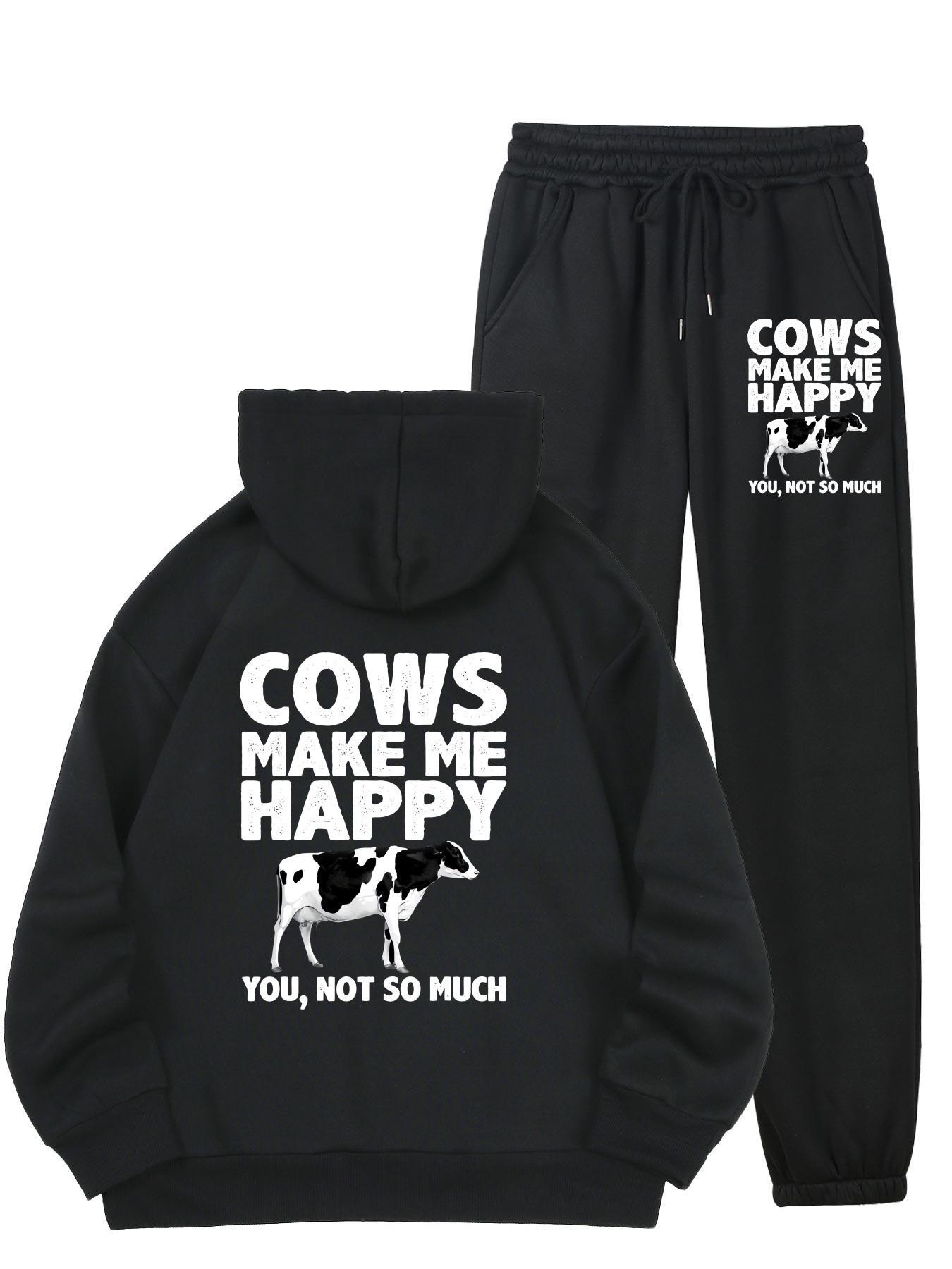 1set Women'S Casual Sportswear with Cow Print, Polyester 100% Long Sleeve Hoodie and Joggers Set, Crew Neck, All-Season Knit Fabric with Pockets
