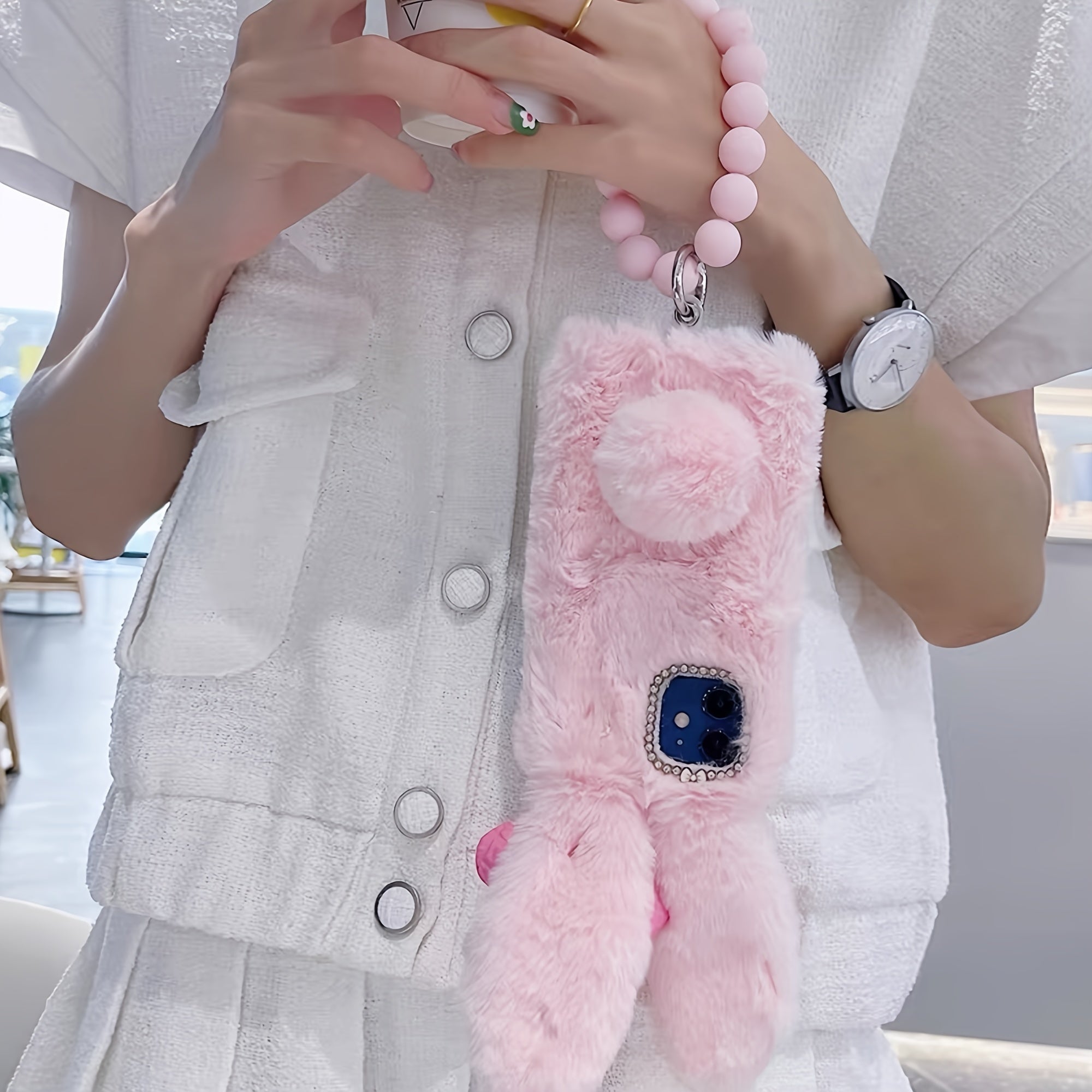 Pink Plush Velvet Bow Rabbit Plush Phone Case with Chain for iPhone 16 Pro Max and Samsung S23 S24 S25