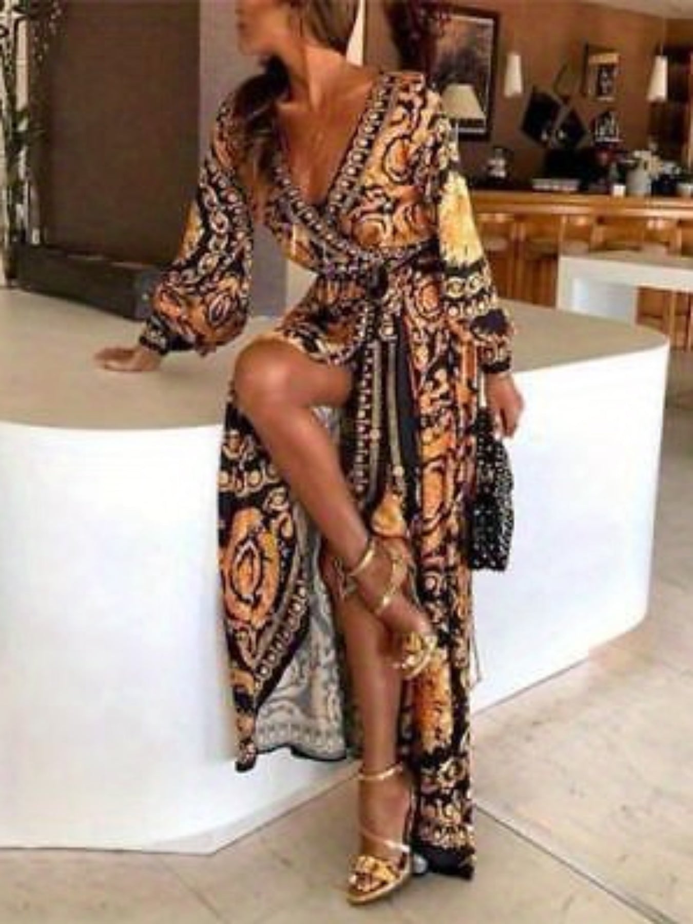 Women Bohemia Dress Long Sleeve Deep V-Neck High Split Long Dress Dress Beach Vacation Sundress