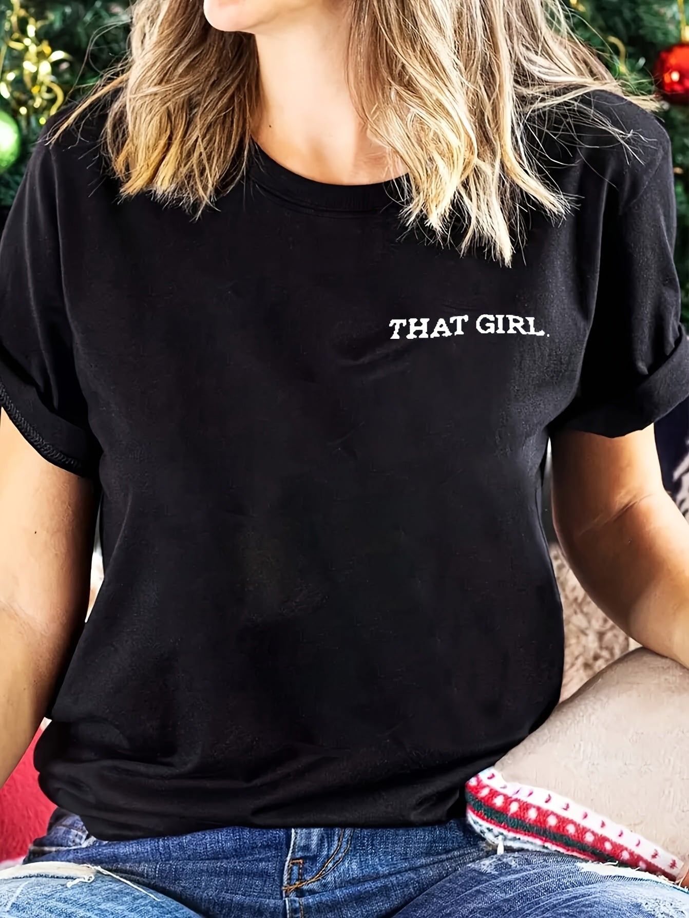 Chic Alphabet-Print Casual Tee for Women - Comfy, Versatile & Easy-Care Polyester Top