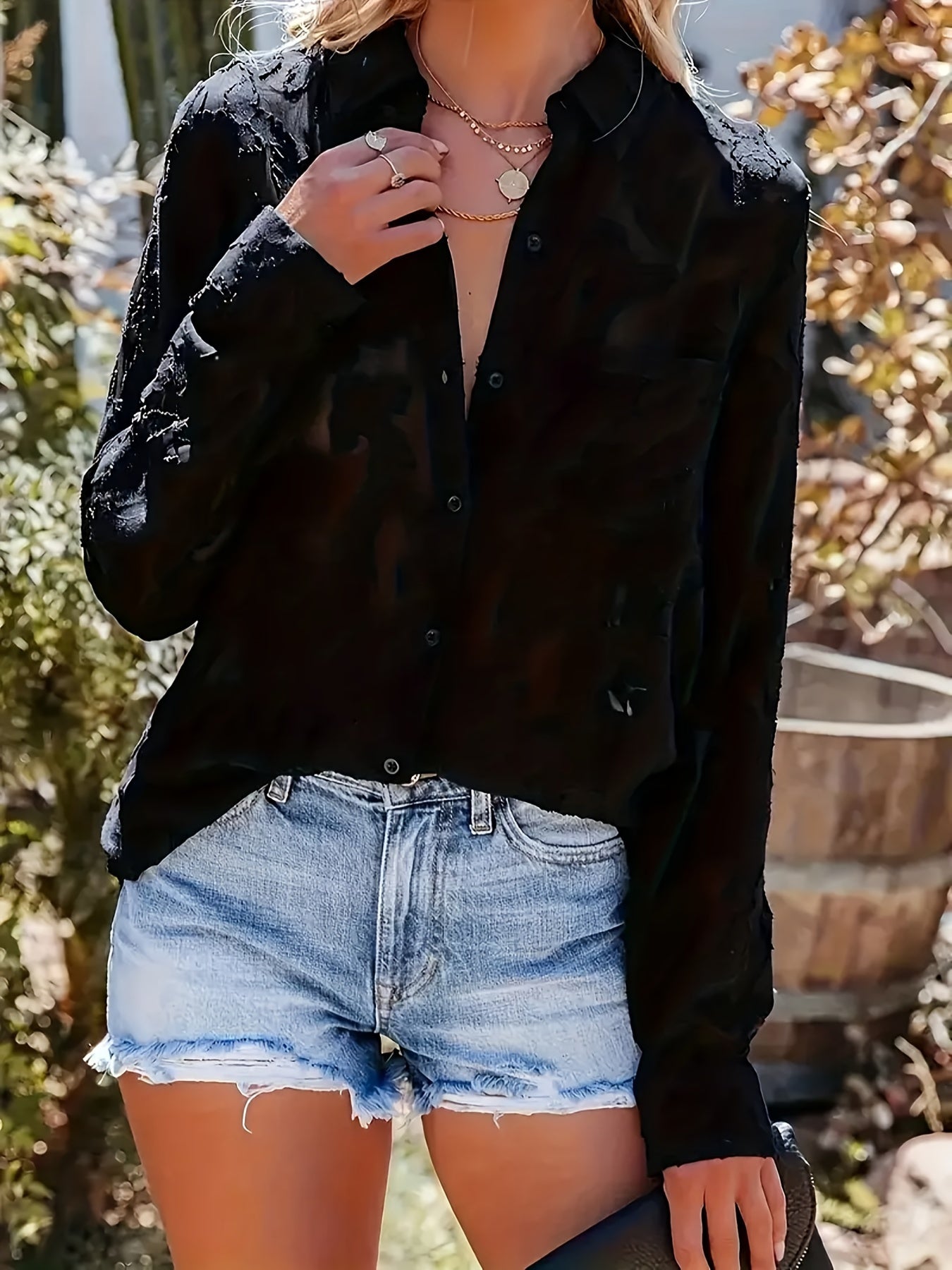 Luxurious Sheer Blouse - Stylish Button-Up, Elegant Long Sleeves - Perfect for a Spring And Autumn Wardrobe.