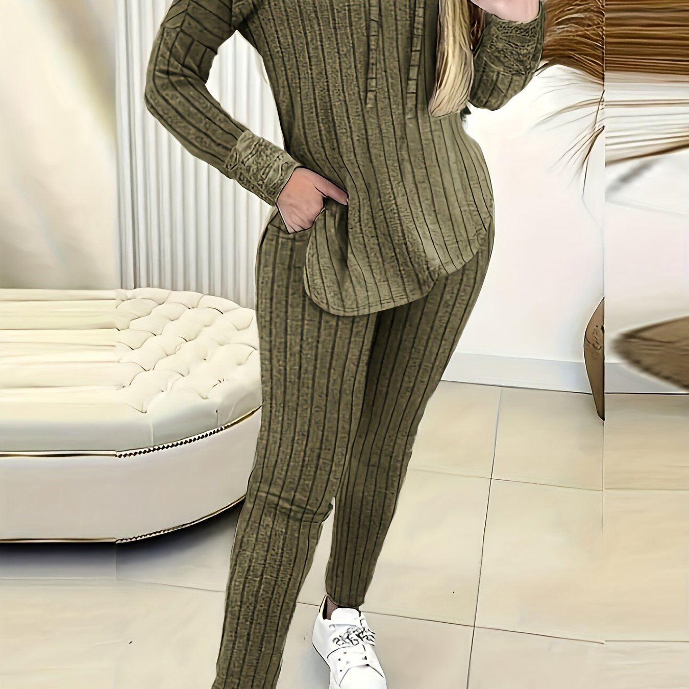 Ribbed Casual Two-piece Set, Long Sleeve Drawstring Hoodie & Slim Pants Outfits, Women's Clothing