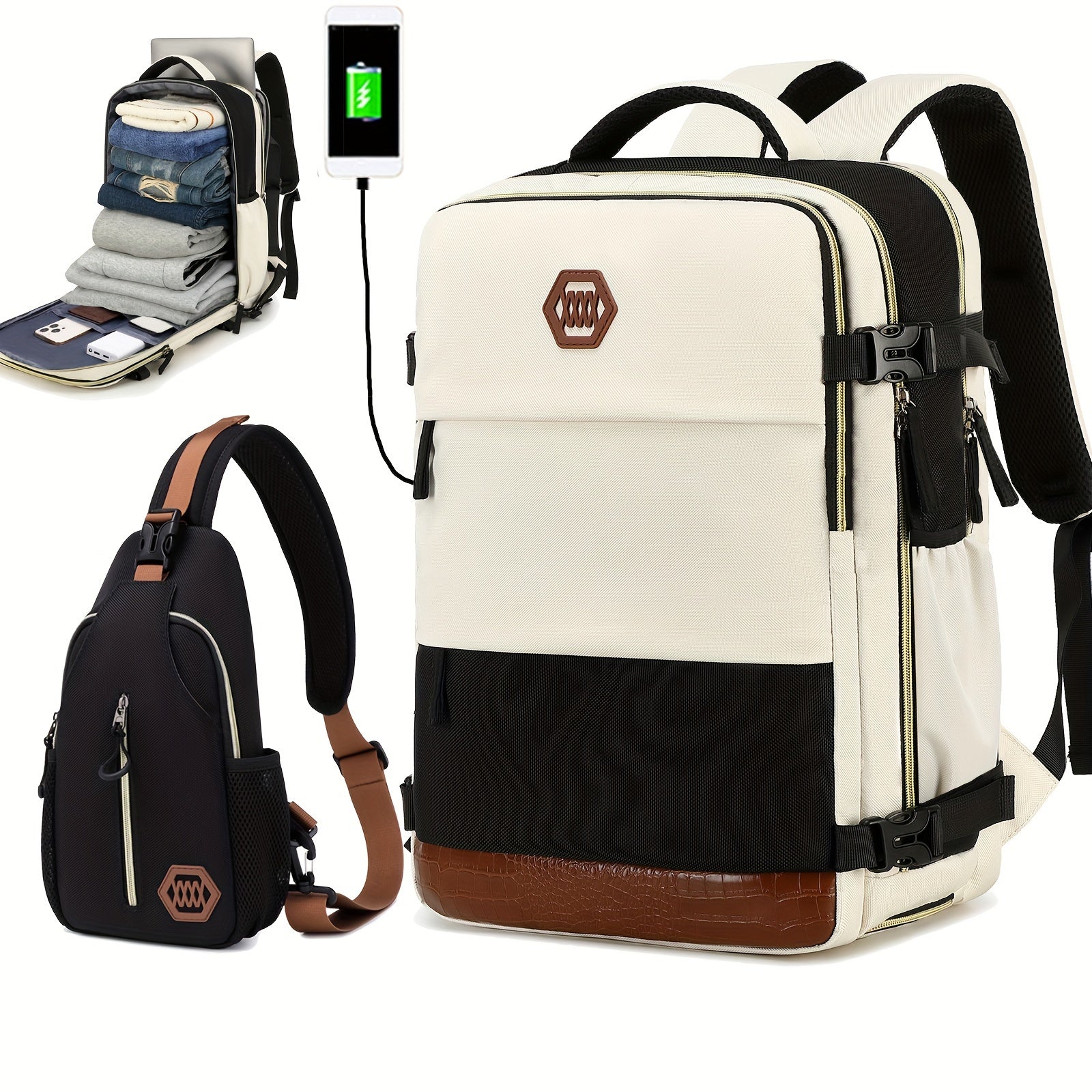 Airlines Approved Women'S Travel Backpack with Shoe Compartment, Casual Laptop Bag, Adjustable Strap, Zipper Closure, Polyester Lining, Solid Color, USB Powered - Multi-Color Options